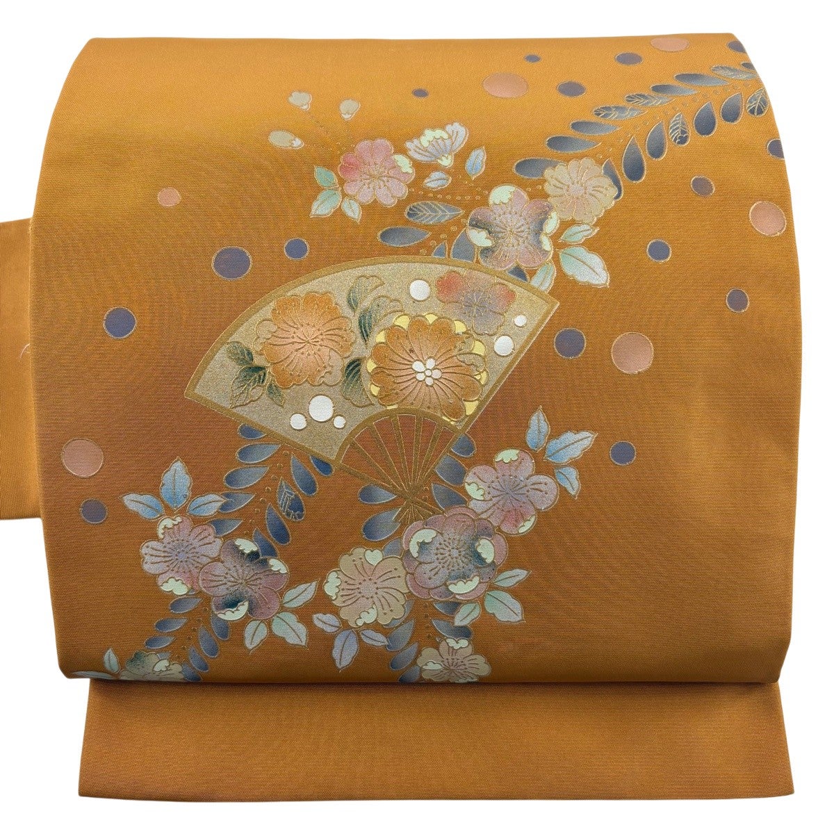 名古屋帯 秀品 扇面 草花 金銀彩 山吹茶色 正絹｜中古・古着