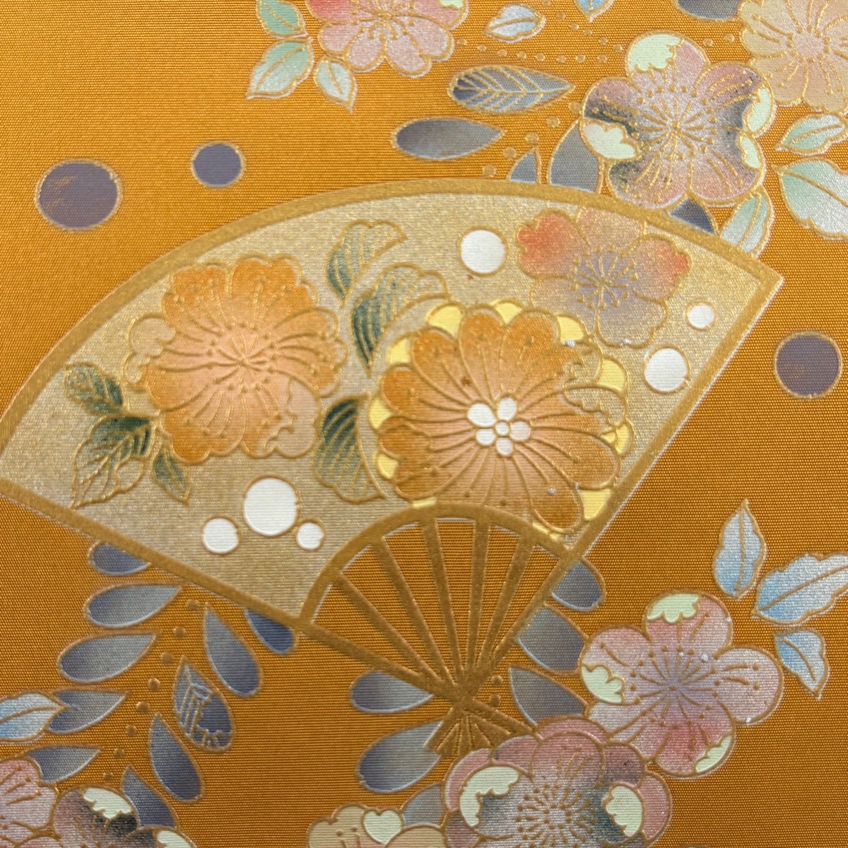 名古屋帯 秀品 扇面 草花 金銀彩 山吹茶色 正絹｜中古・古着