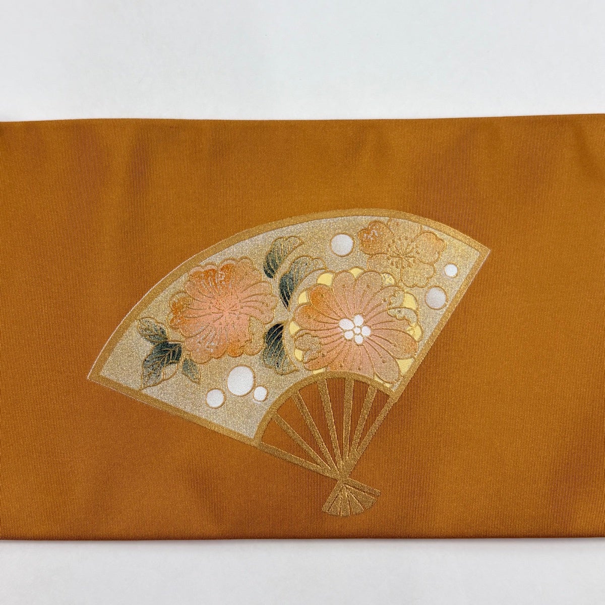名古屋帯 秀品 扇面 草花 金銀彩 山吹茶色 正絹｜中古・古着
