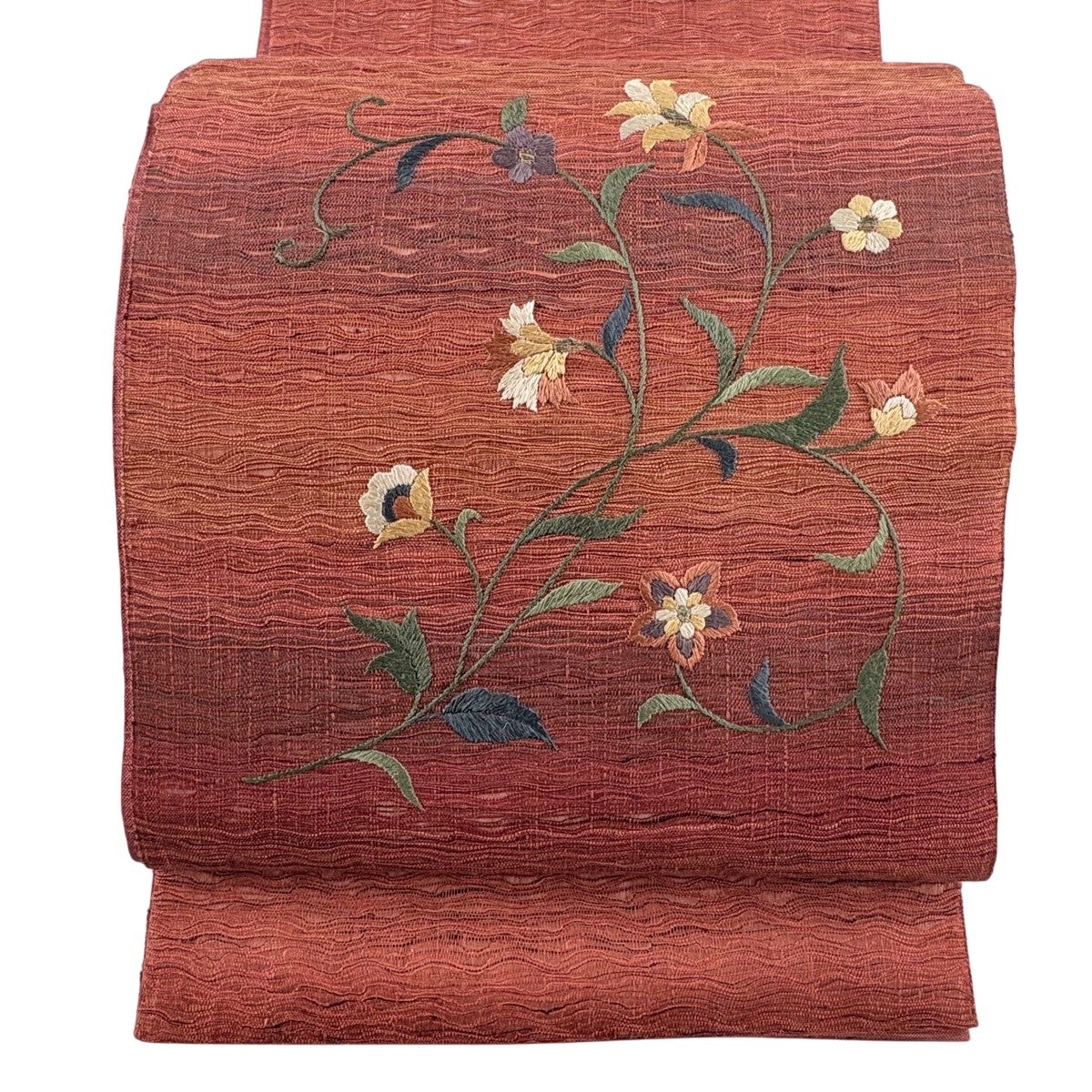 美品】 袋帯 名品 渡文 落款あり リバーシブル 草花 金糸 茜色 お太鼓