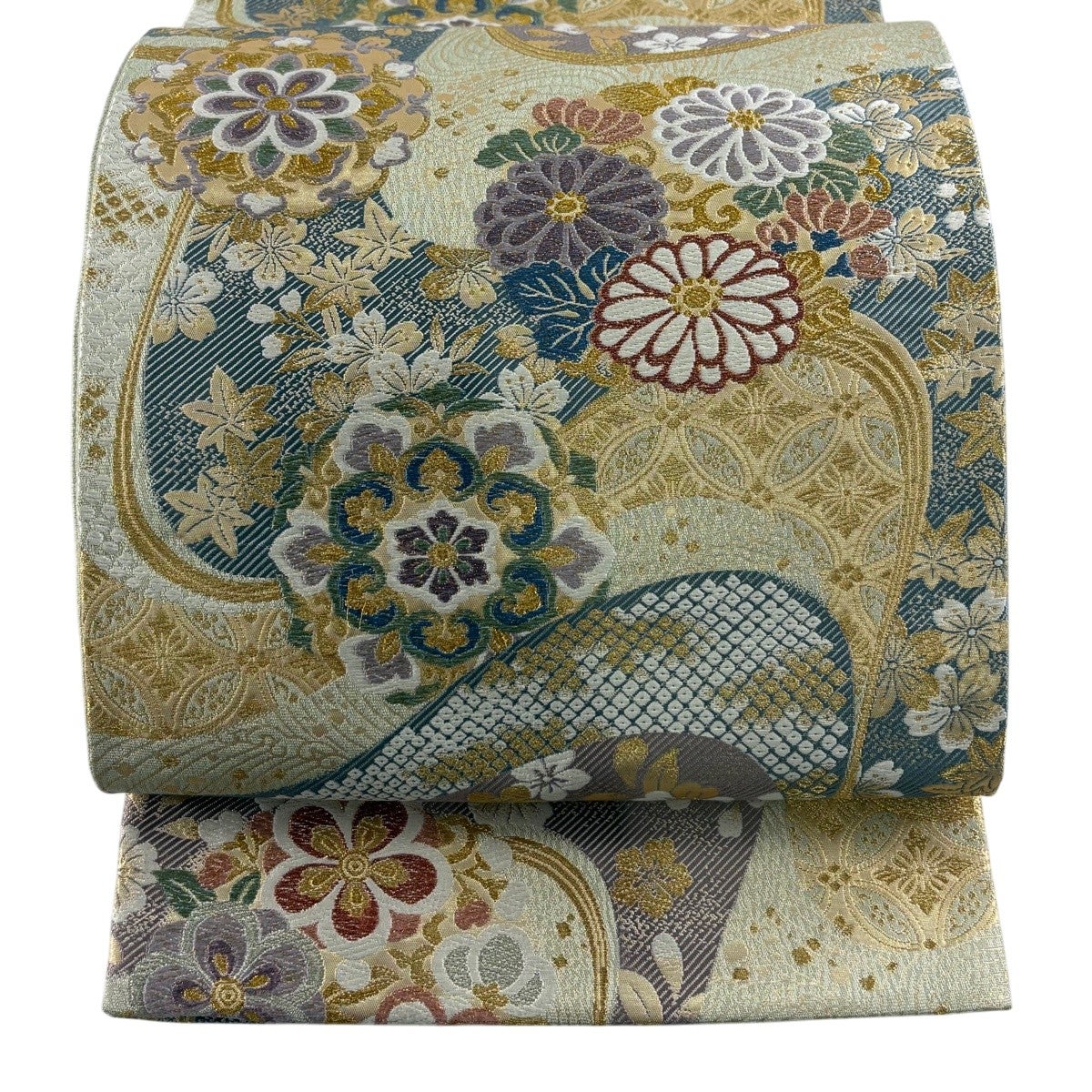 袋帯 秀品 華文 菊 金銀糸 刺繍 灰緑 六通 正絹｜中古・古着