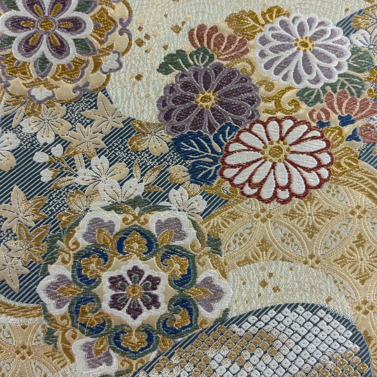 袋帯 秀品 華文 菊 金銀糸 刺繍 灰緑 六通 正絹｜中古・古着