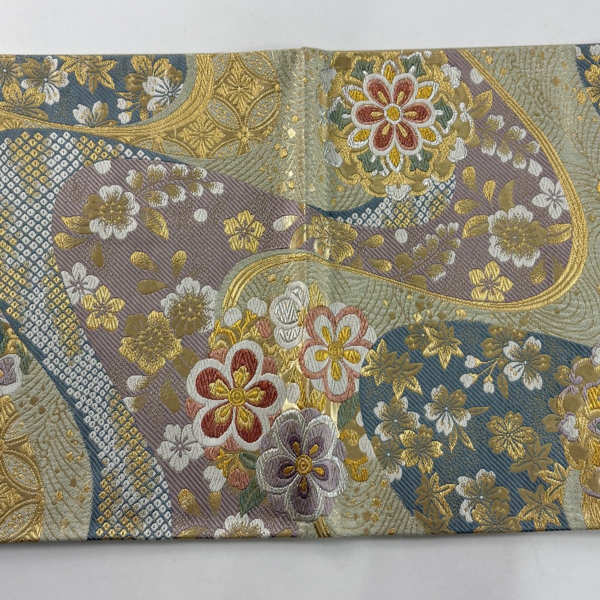 袋帯 秀品 華文 菊 金銀糸 刺繍 灰緑 六通 正絹｜中古・古着