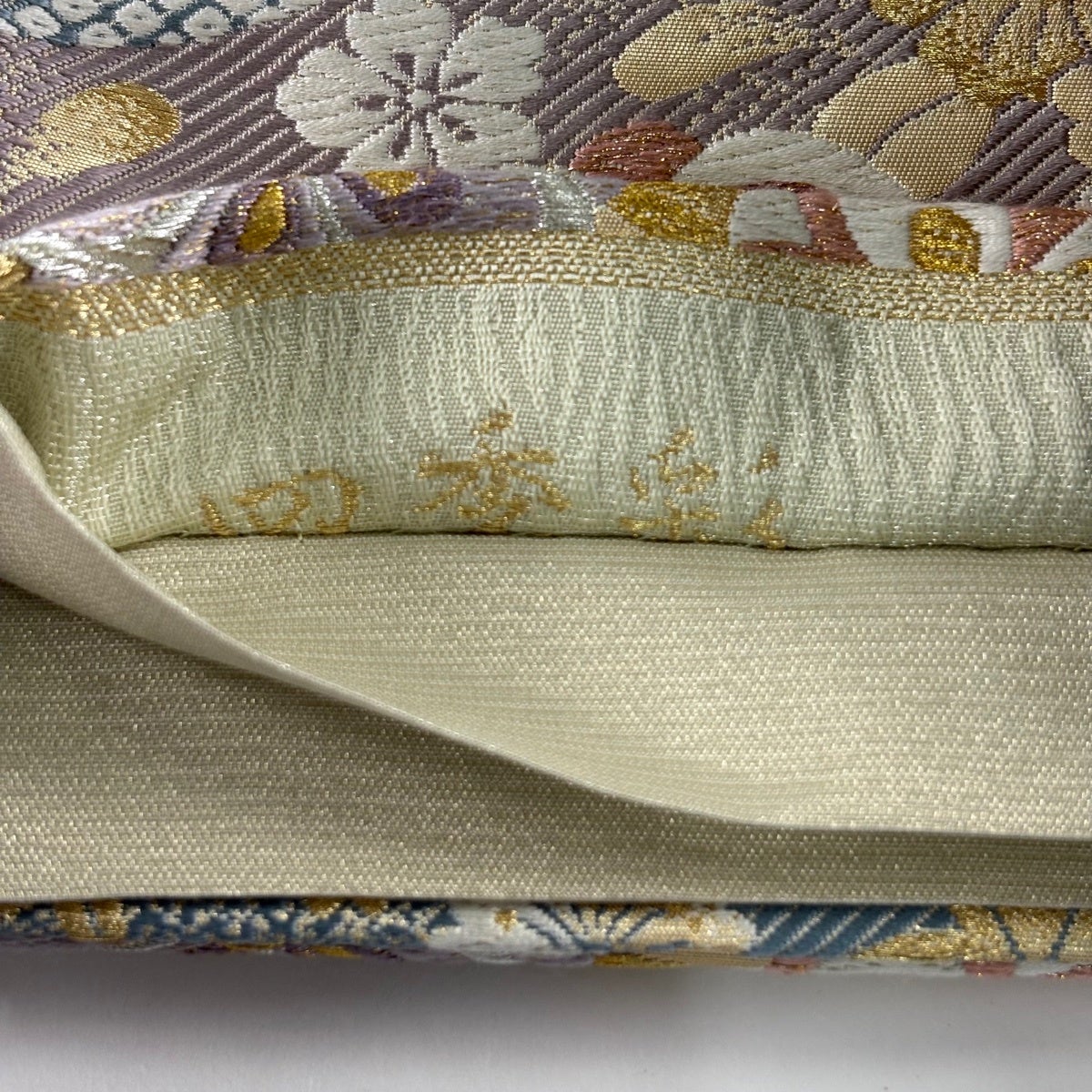 袋帯 秀品 華文 菊 金銀糸 刺繍 灰緑 六通 正絹｜中古・古着