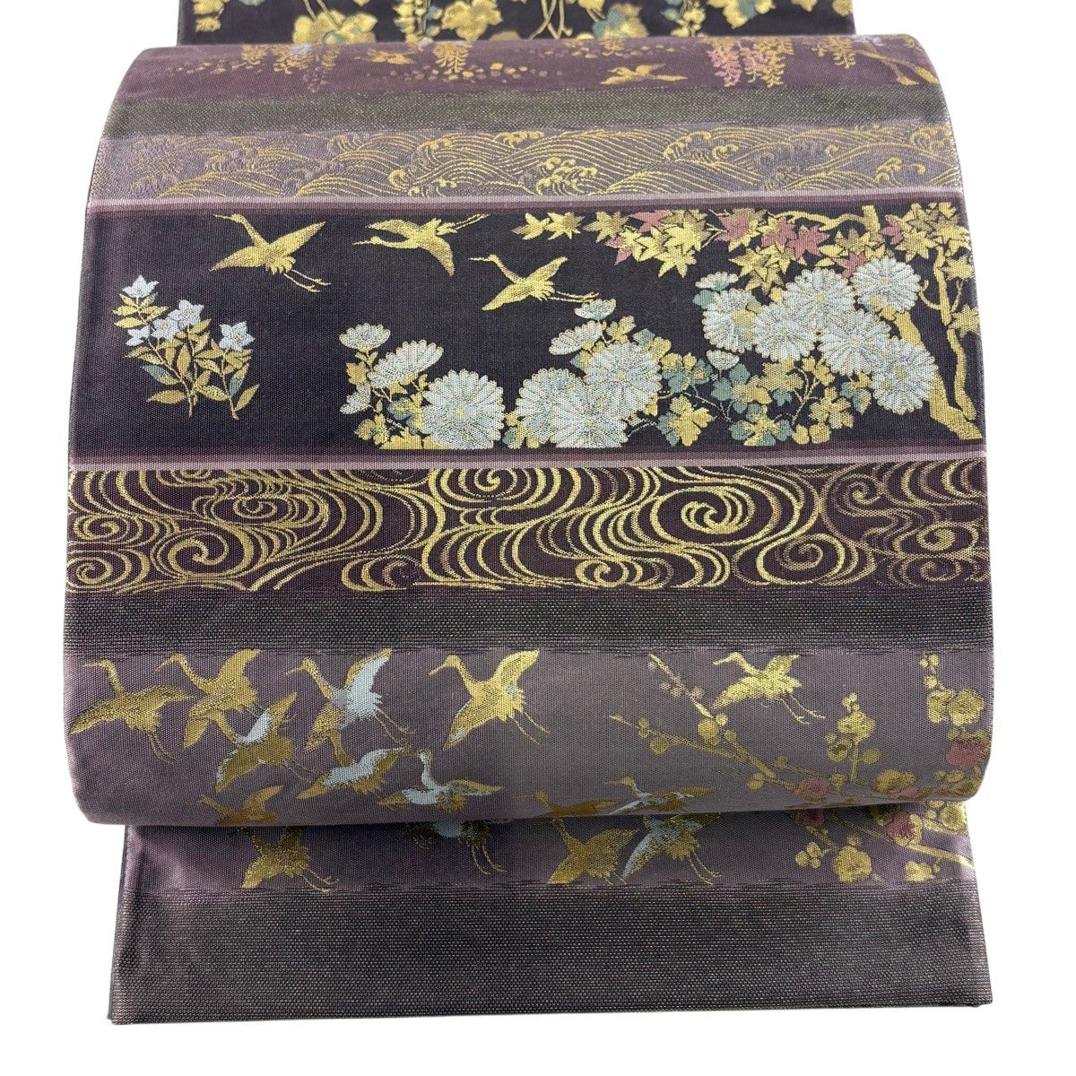 美品】 袋帯 秀品 菊 鳥 箔 灰紫 六通 正絹｜中古・古着・リサイクル