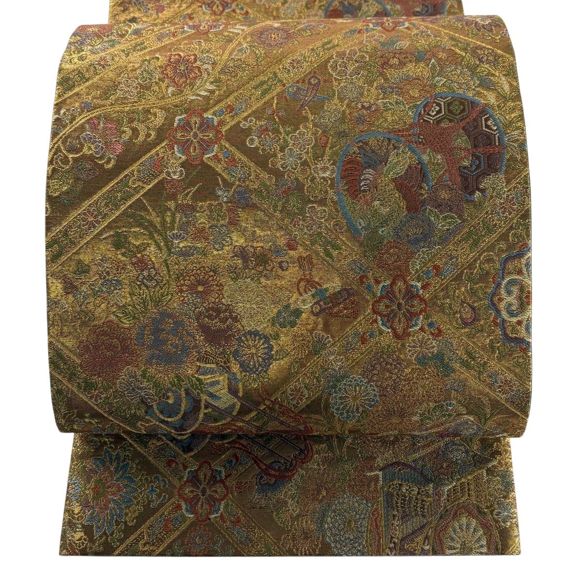 408my29◆本綴れ 長尺 袋帯 霞文 金糸◆未使用品・美品 美品】 袋帯 名品 落款あり 本家加納 鳥丸文 花唐草 金糸 箔 金色 六通