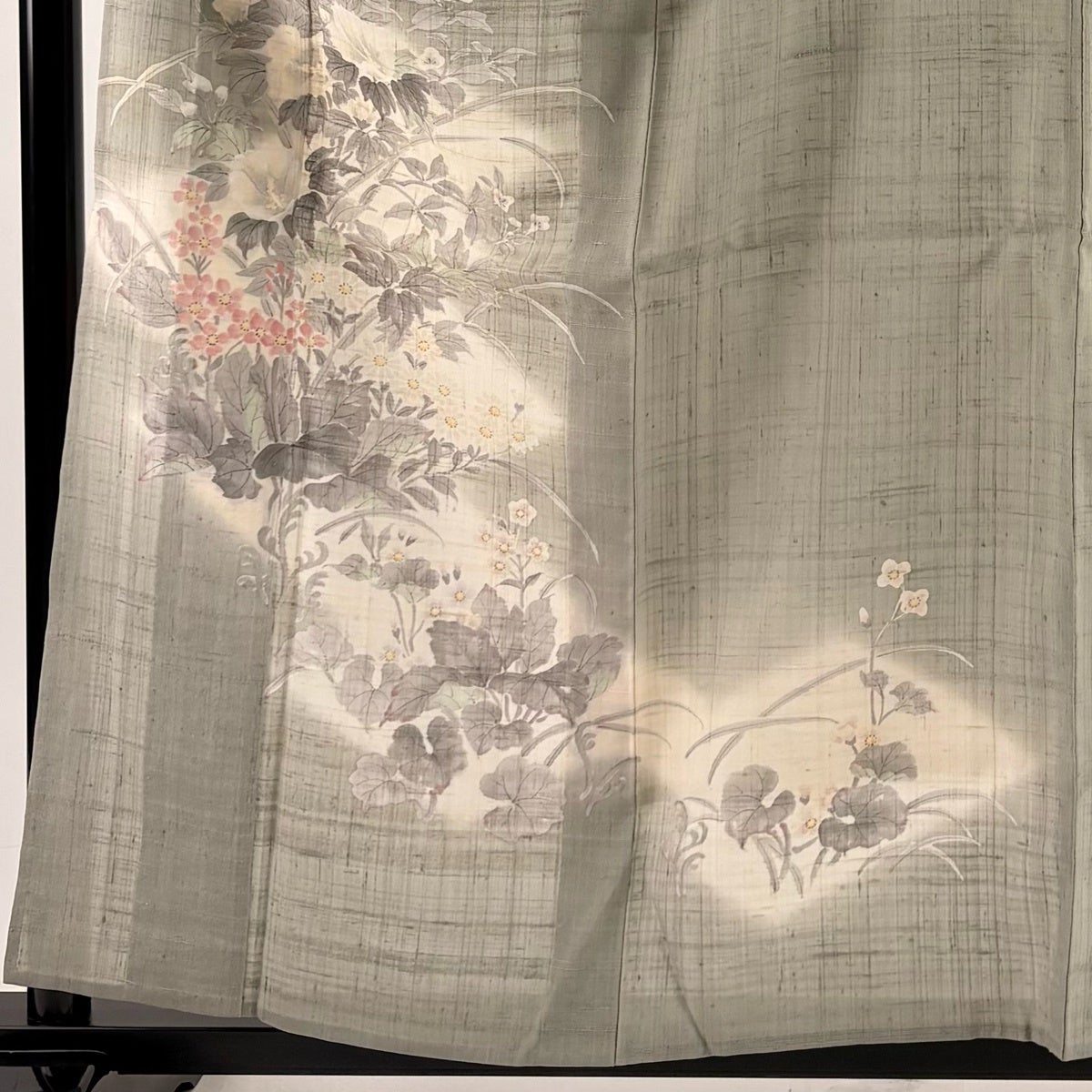 付下げ 身丈157.5cm 裄丈63cm S 単衣 紬地 草花 灰緑 正絹 秀品｜中古
