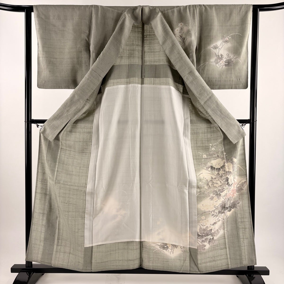 付下げ 身丈157.5cm 裄丈63cm S 単衣 紬地 草花 灰緑 正絹 秀品｜中古