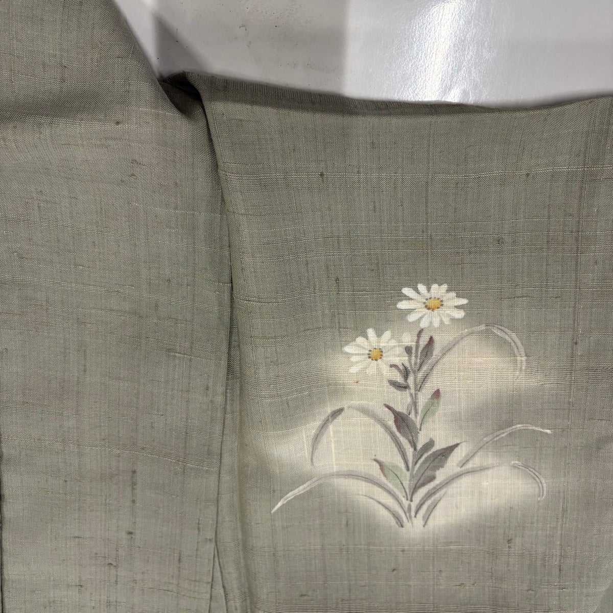 付下げ 身丈157.5cm 裄丈63cm S 単衣 紬地 草花 灰緑 正絹 秀品｜中古