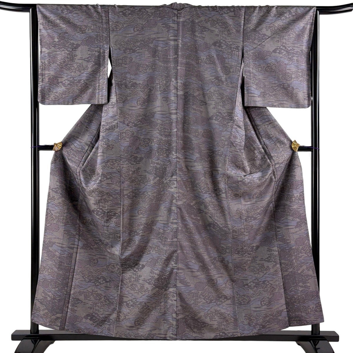 美品】 小紋 身丈156.5cm 裄丈65cm M 単衣 紬地 波 笹 灰紫 正絹 秀品