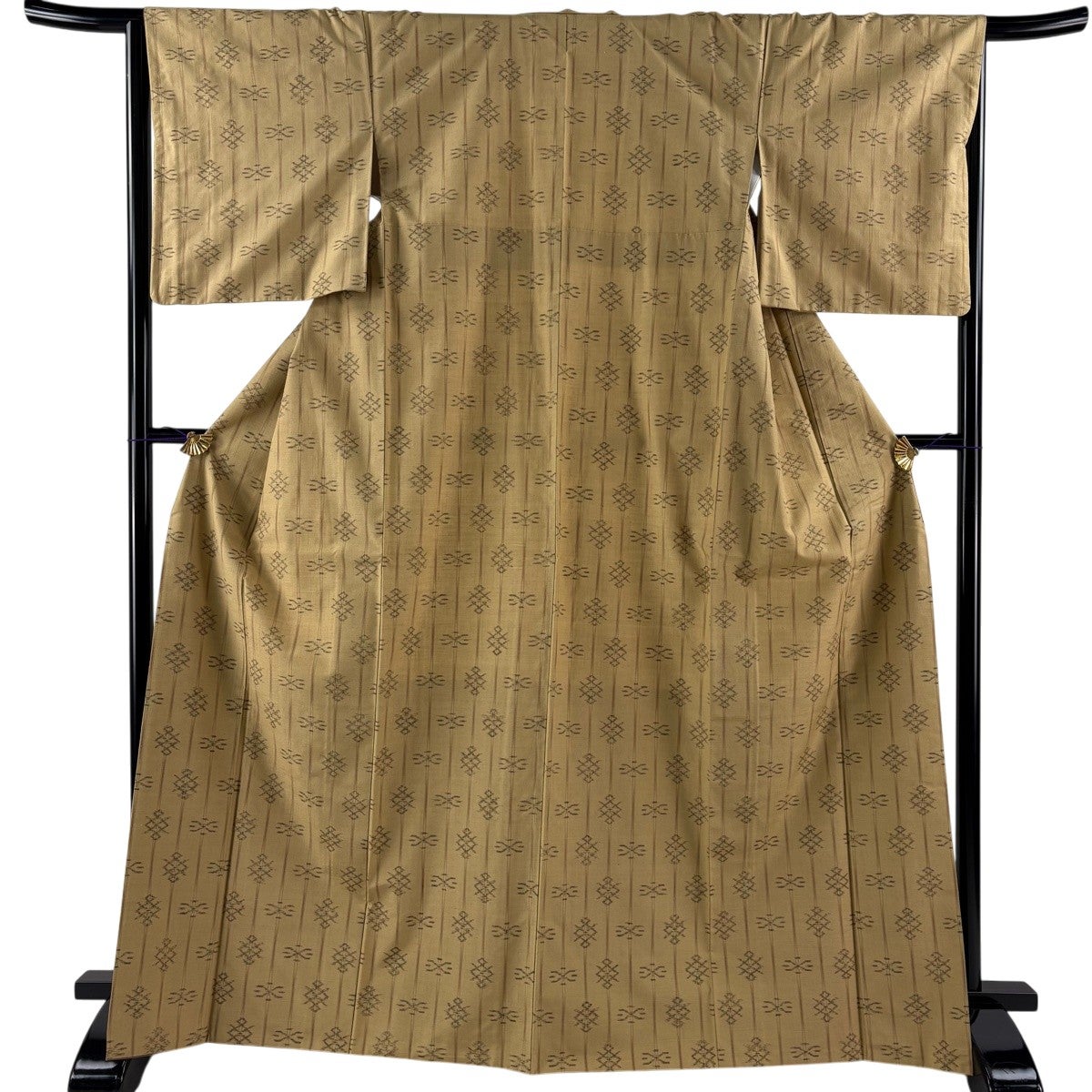美品】 紬 身丈168cm 裄丈65.5cm M 袷 縦縞 幾何学模様 ベージュ 正絹