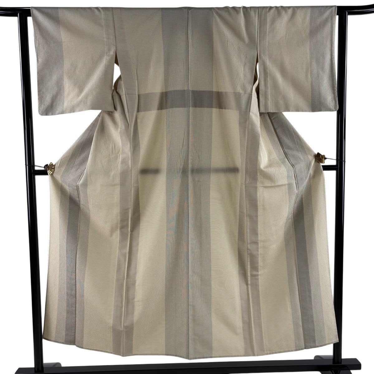 美品】 紬 身丈159.5cm 裄丈65cm M 単衣 縞 灰色 正絹 名品｜中古