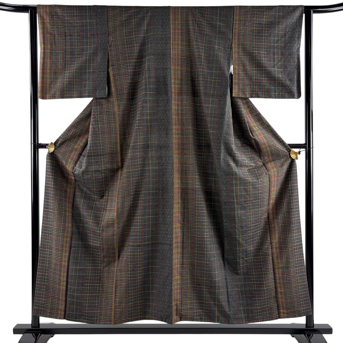 美品】 紬 身丈153cm 裄丈67cm M 薄物 夏紬 麻の葉 墨色 正絹 秀品