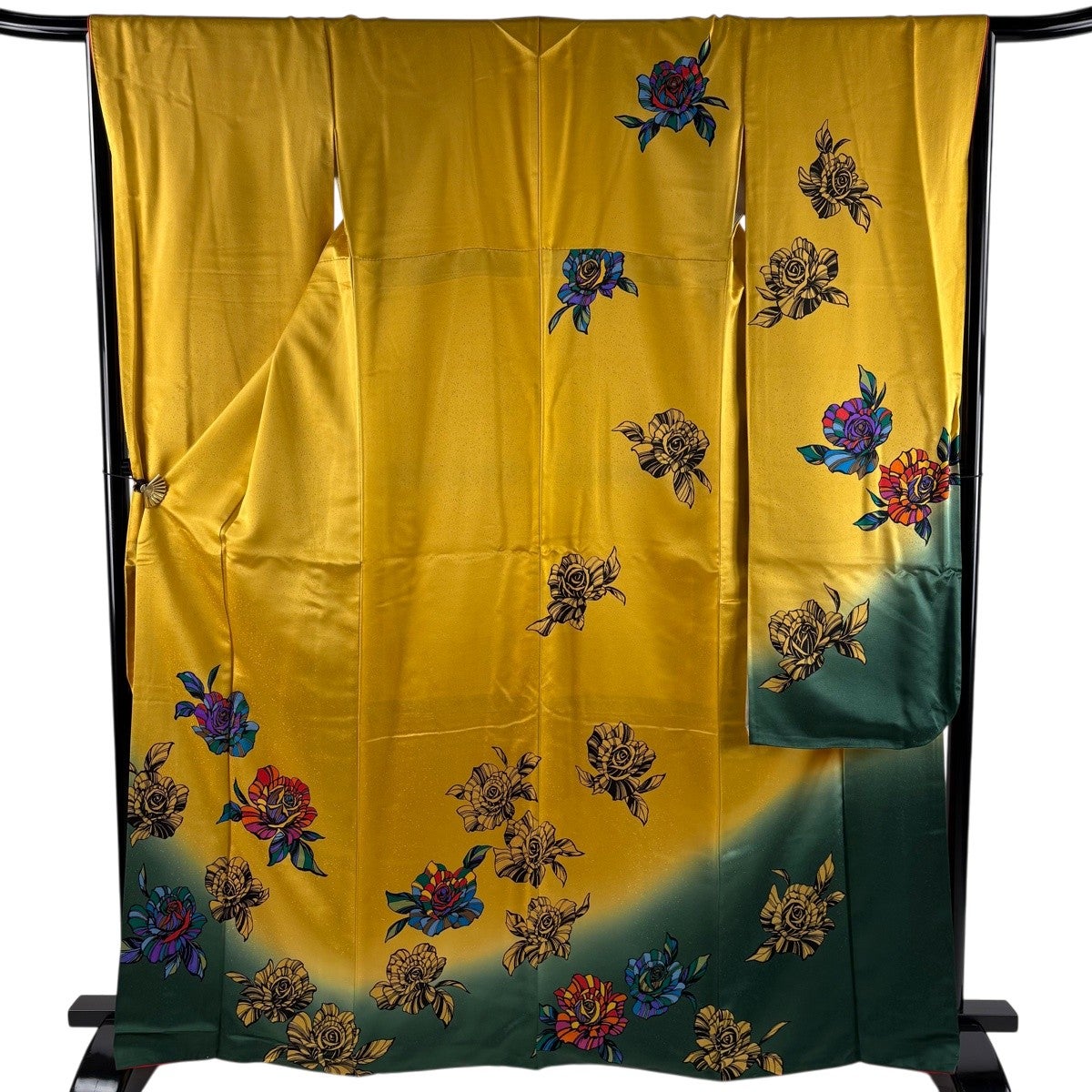 美品】 振袖 身丈167.5cm 裄丈64.5cm M 袷 花車 芝 金彩 染め分け 山吹