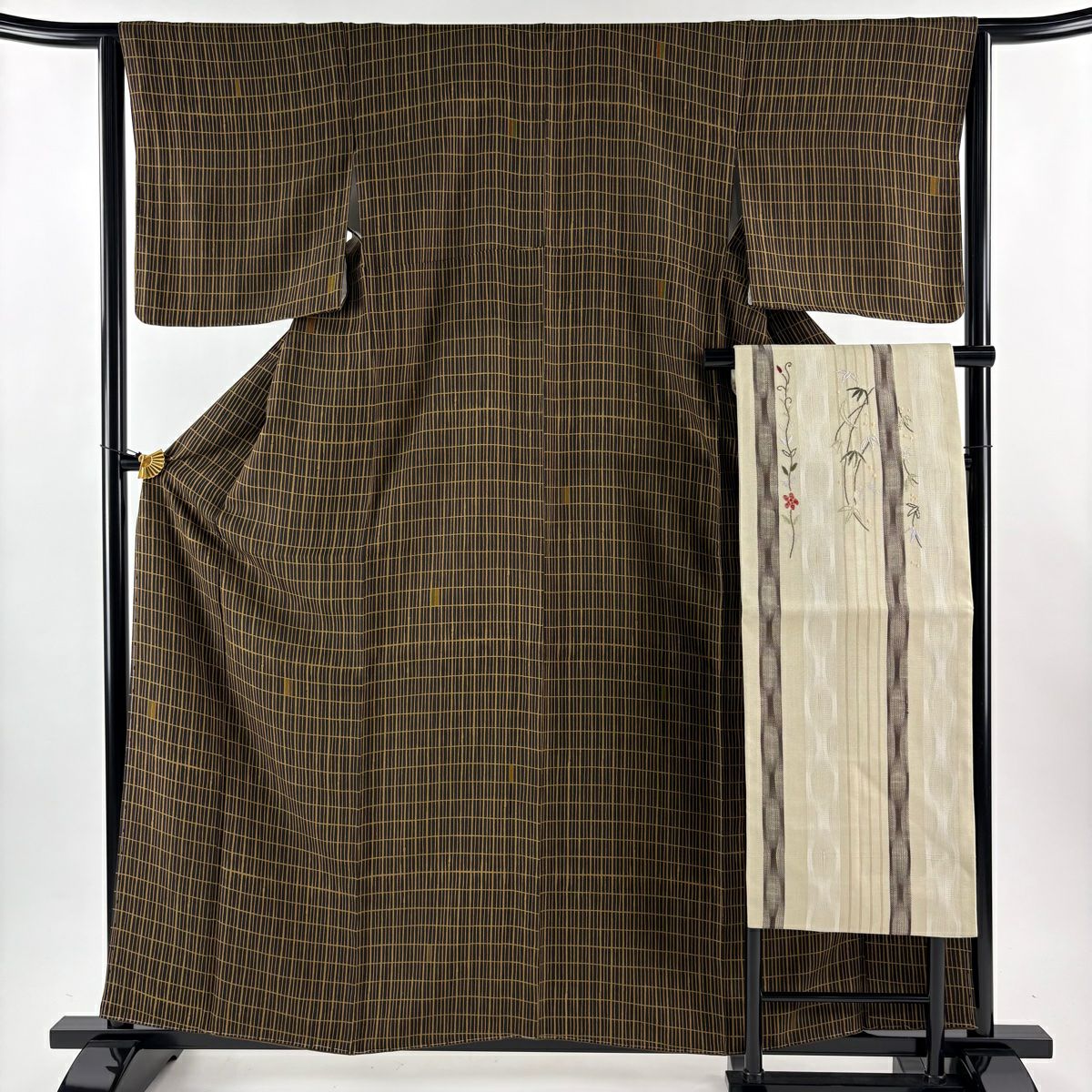 美品】 小紋 身丈160cm 裄丈63.5cm S 袷 名古屋帯セット 格子 焦茶色