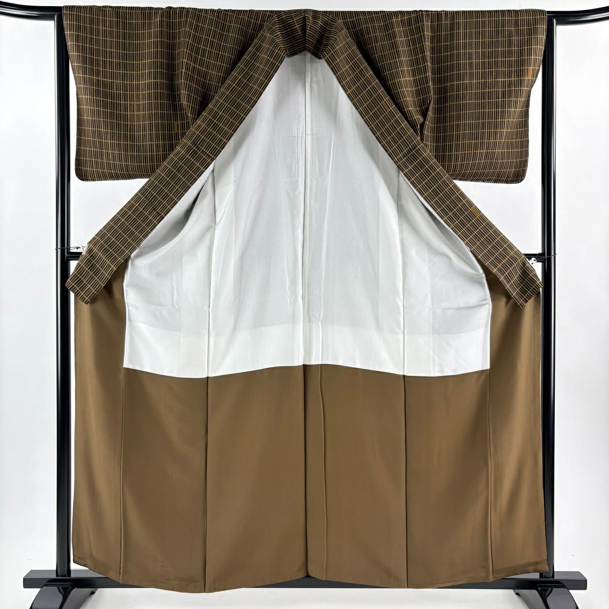 美品】 小紋 身丈160cm 裄丈63.5cm S 袷 名古屋帯セット 格子 焦茶色