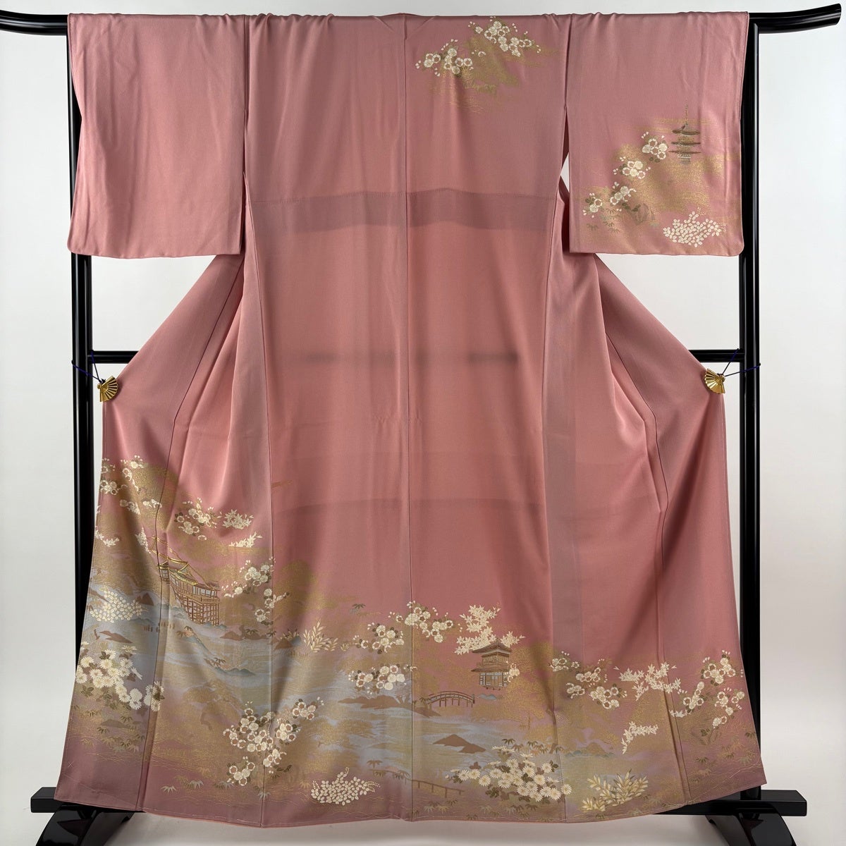 訪問着 身丈160cm 裄丈66cm M 袷 やまと 桜 波 銀通し 絞り ピンク