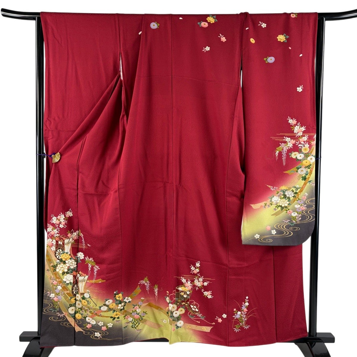 振袖 身丈160.5cm 裄丈69cm L 袷 御所車 草花 金彩 ぼかし 赤 正絹 秀