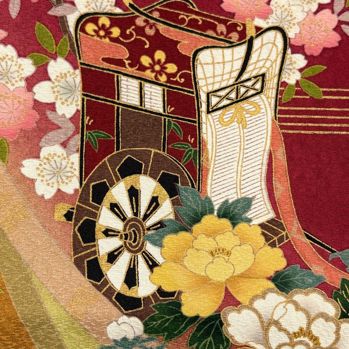 振袖 身丈160.5cm 裄丈69cm L 袷 御所車 草花 金彩 ぼかし 赤 正絹 秀