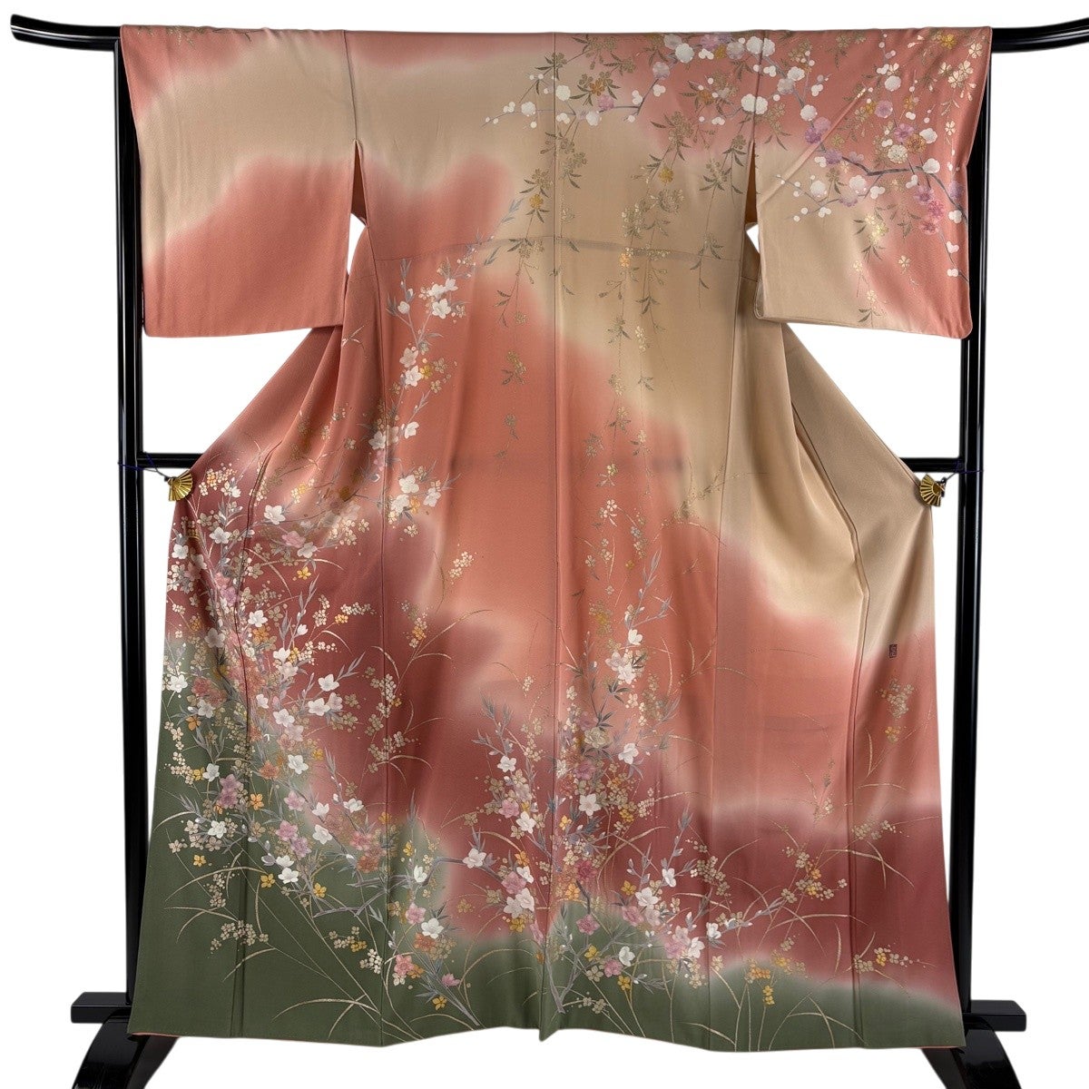 訪問着 身丈161.5cm 裄丈66cm M 袷 落款あり 草花 金彩 染め分け