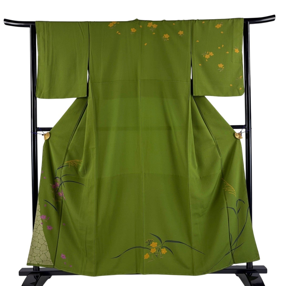 付下げ 身丈158cm 裄丈64cm M 袷 胴抜き 草花 桜 金彩 緑 正絹 秀品