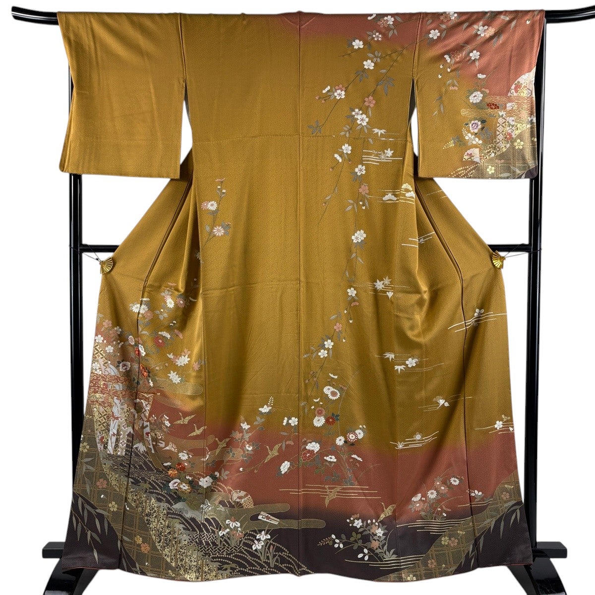訪問着 身丈163cm 裄丈67cm M 袷 几帳 花鳥 刺繍 金糸 山吹茶色 正絹