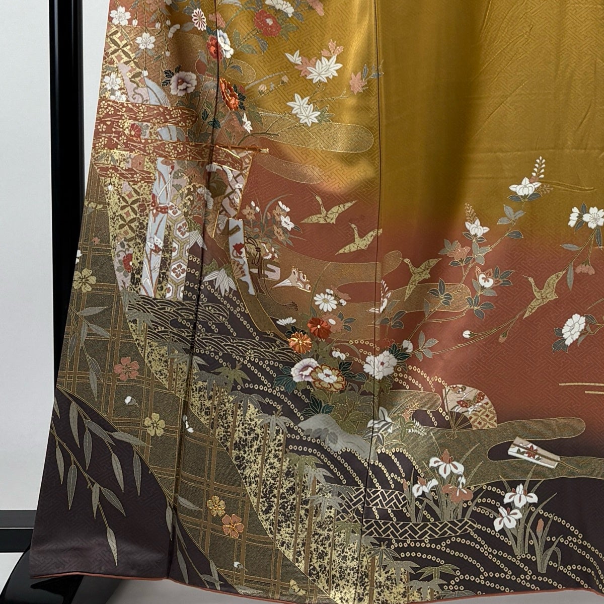 訪問着 身丈163cm 裄丈67cm M 袷 几帳 花鳥 刺繍 金糸 山吹茶色 正絹