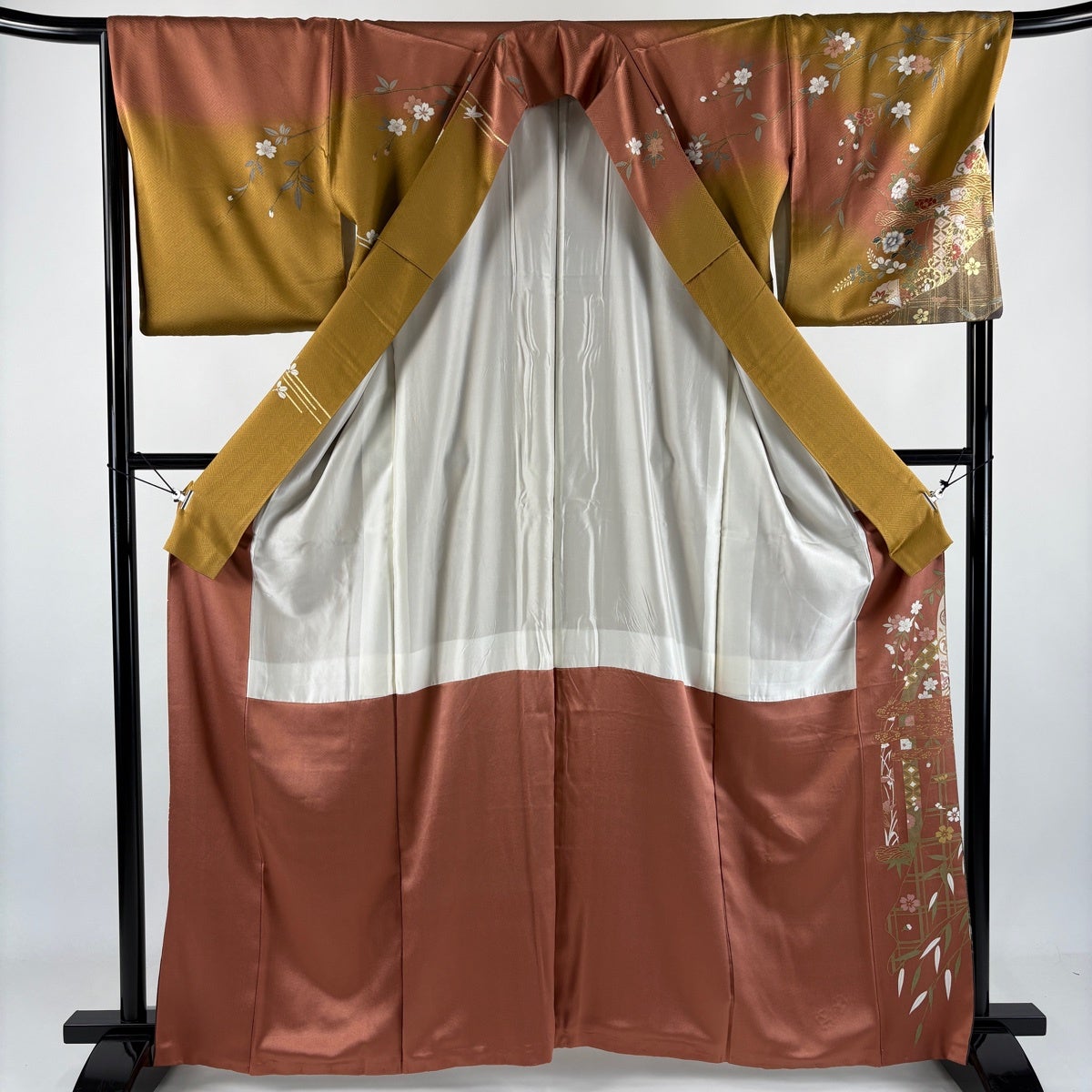 訪問着 身丈163cm 裄丈67cm M 袷 几帳 花鳥 刺繍 金糸 山吹茶色 正絹