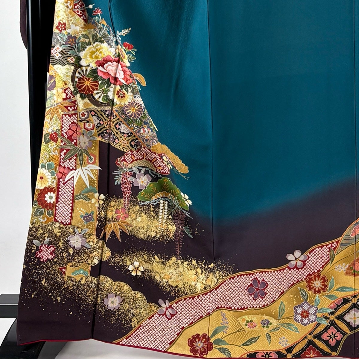 振袖 身丈166cm 裄丈67.5cm L 袷 花車 松竹梅 刺繍 金銀彩 青緑 正絹