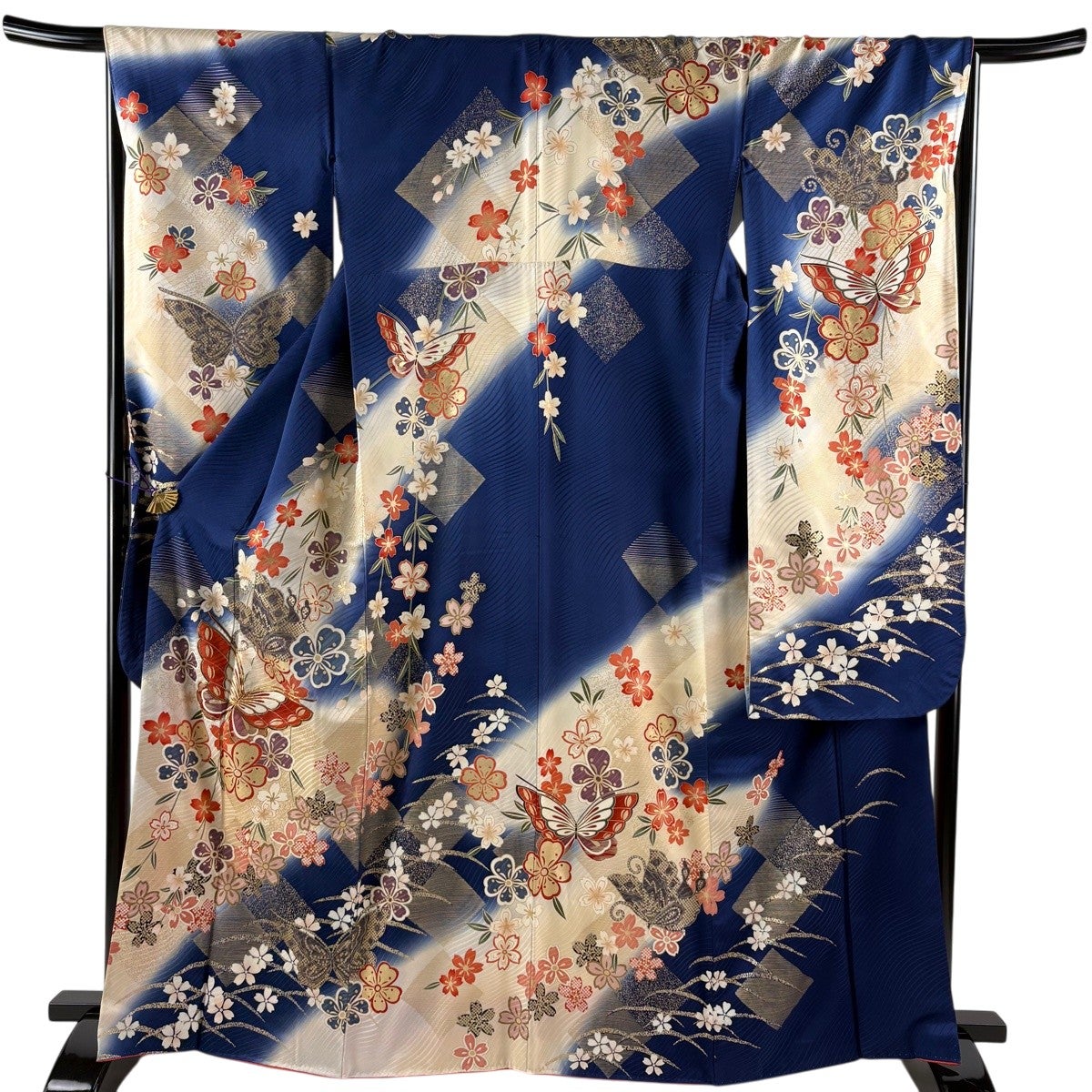 振袖 身丈165cm 裄丈68cm L 袷 蝶 枝垂れ桜 金糸 金彩 青 正絹 秀品