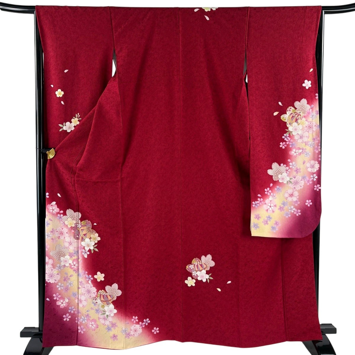 美品】 振袖 身丈164.5cm 裄丈65cm M 袷 桜 手鞠 金彩 箔 赤 正絹 秀品