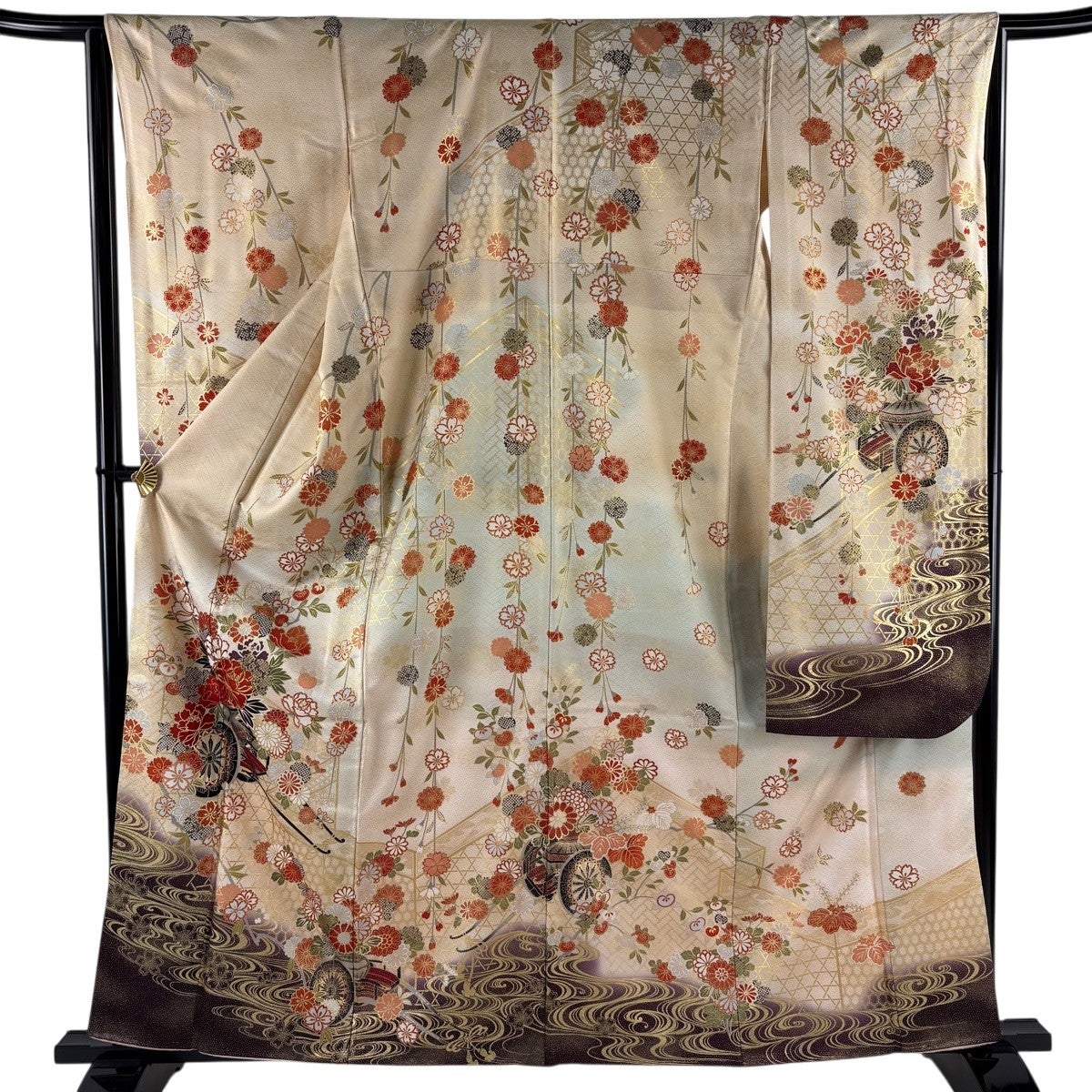 美品】 振袖 身丈161.5cm 裄丈64cm M 袷 花車 流水 金糸 金彩 ベージュ