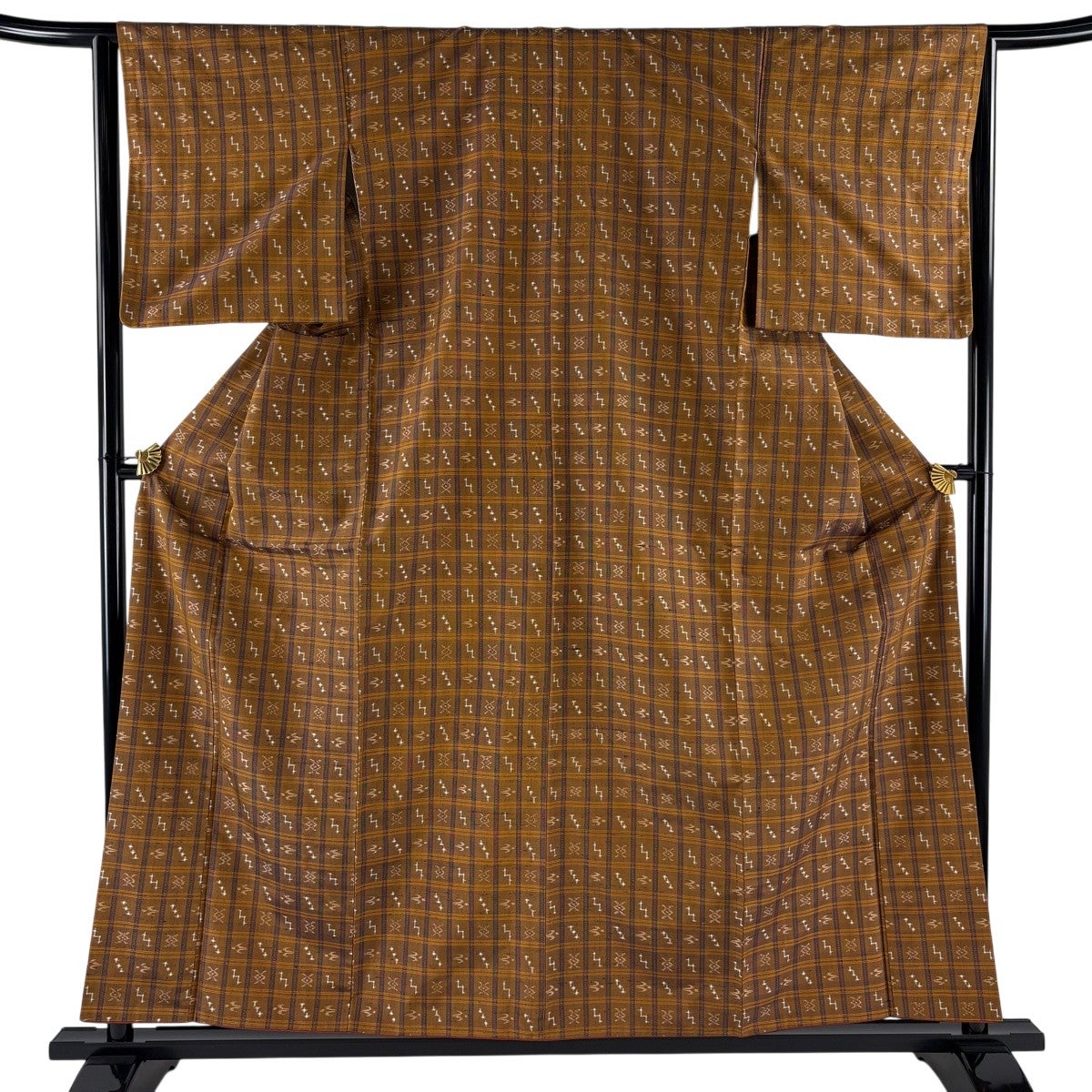 紬 身丈159cm 裄丈64cm M 袷 格子 燕 茶色 正絹 秀品｜中古・古着