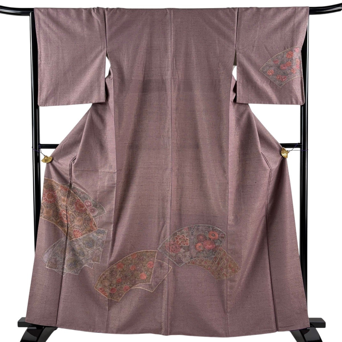 訪問着 蘇州刺繍 汕頭刺繍 身丈170.5裄丈69金銀糸 滅紫 扇面文 四季の花 付下げ 身丈163.5cm 裄丈66cm M 袷 扇面 蜀江文 金通し 汕頭刺繍 紫