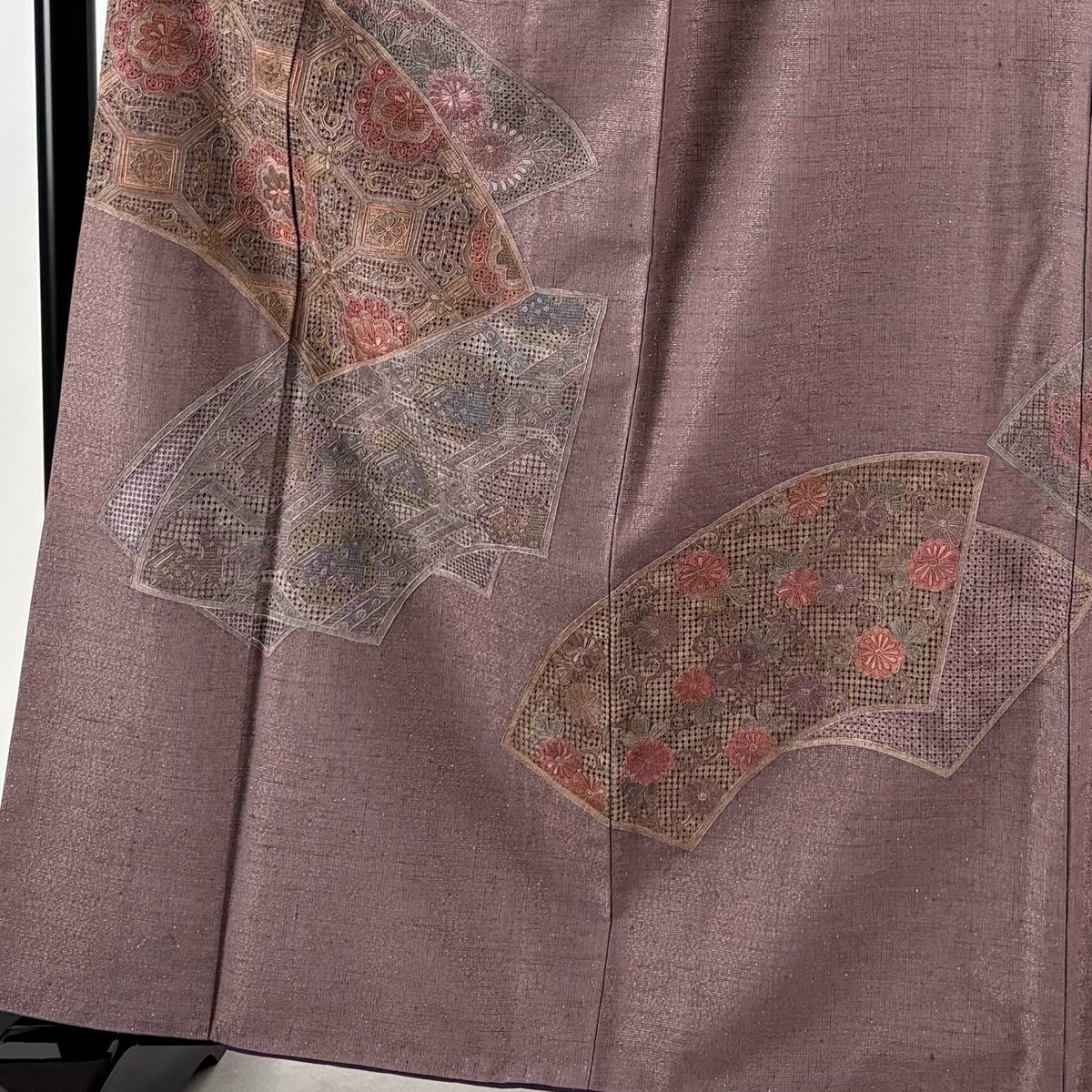 付下げ 身丈163.5cm 裄丈66cm M 袷 扇面 蜀江文 金通し 汕頭刺繍 紫