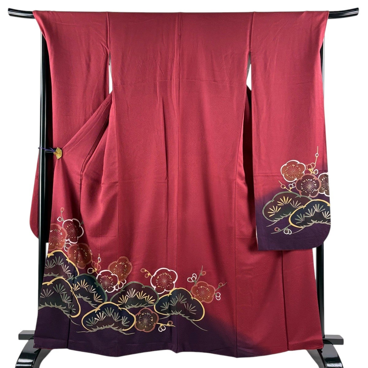 振袖 身丈165cm 裄丈69cm L 袷 松 梅 金彩 えんじ色 正絹 秀品｜中古