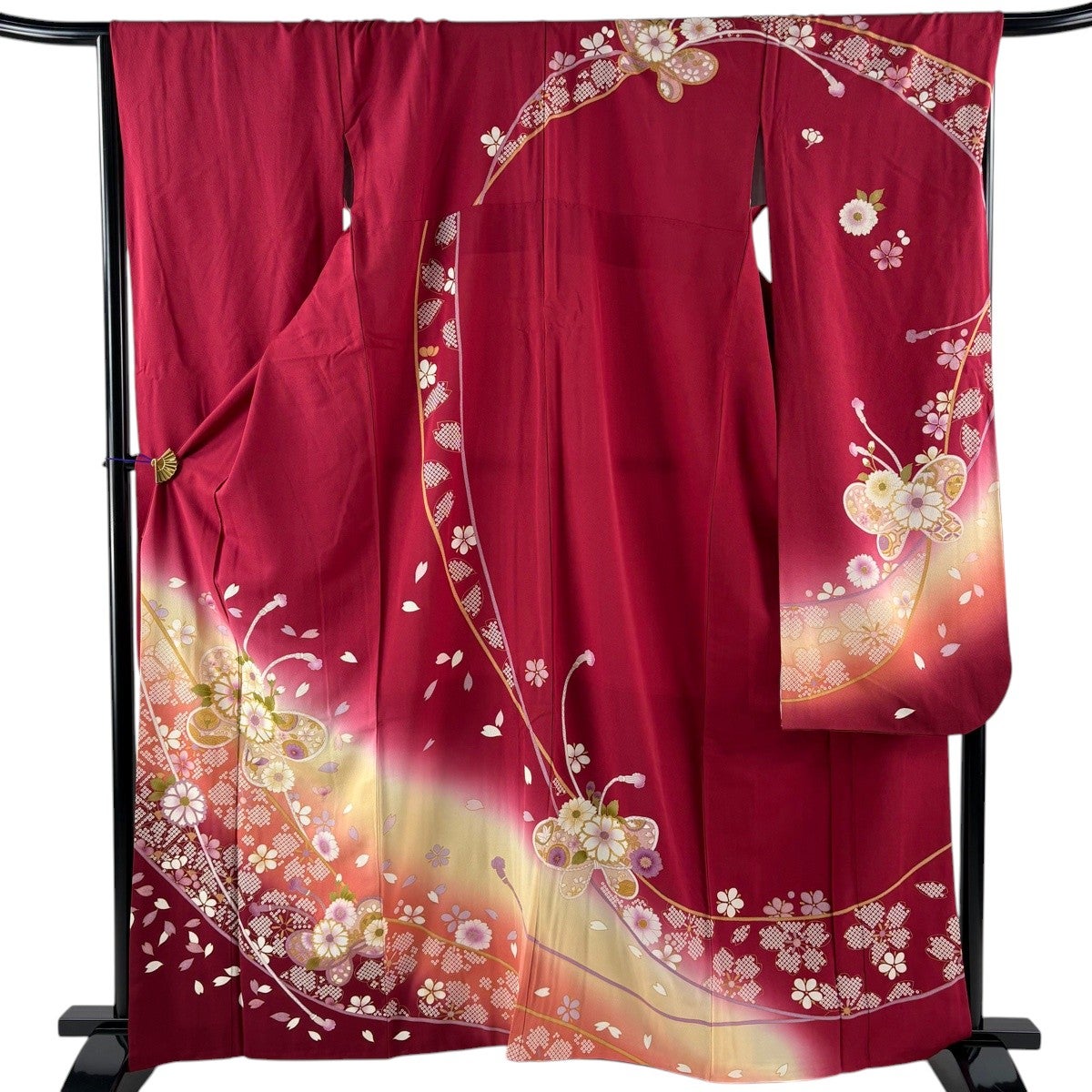 美品】 振袖 身丈162.5cm 裄丈67.5cm L 袷 桜 蝶 金彩 ぼかし 赤 正絹