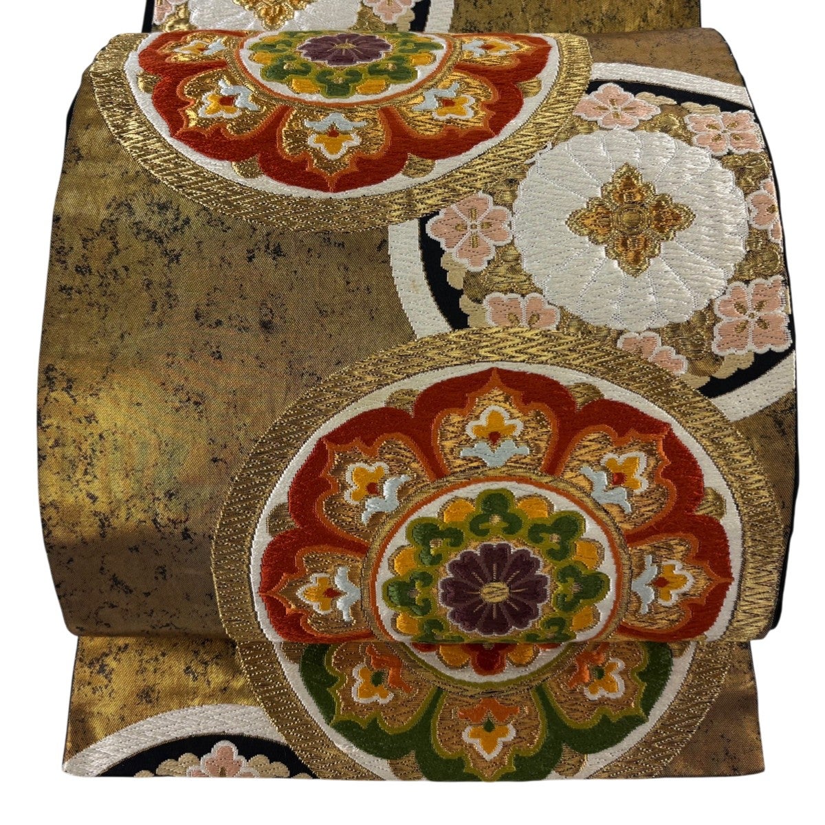 袋帯 逸品 河合美術織物 落款あり 京西陣織 花菱 鳥 箔 刺繍 金色 六通
