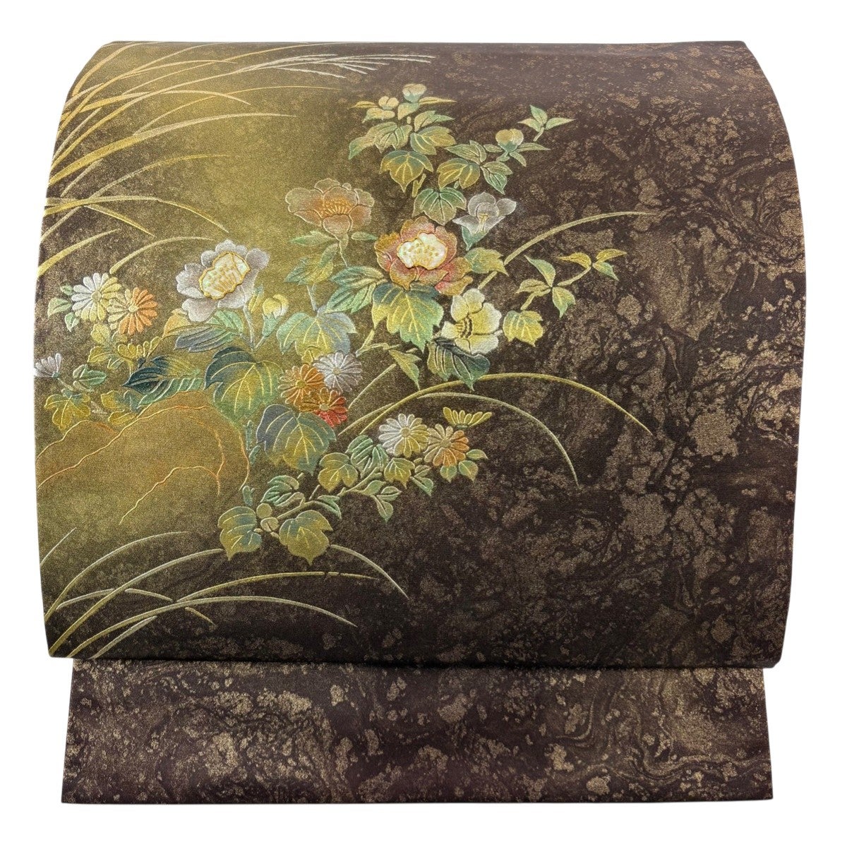 美品】 名古屋帯 名品 草花 秋草 金銀彩 螺鈿 小豆色 正絹｜中古・古着