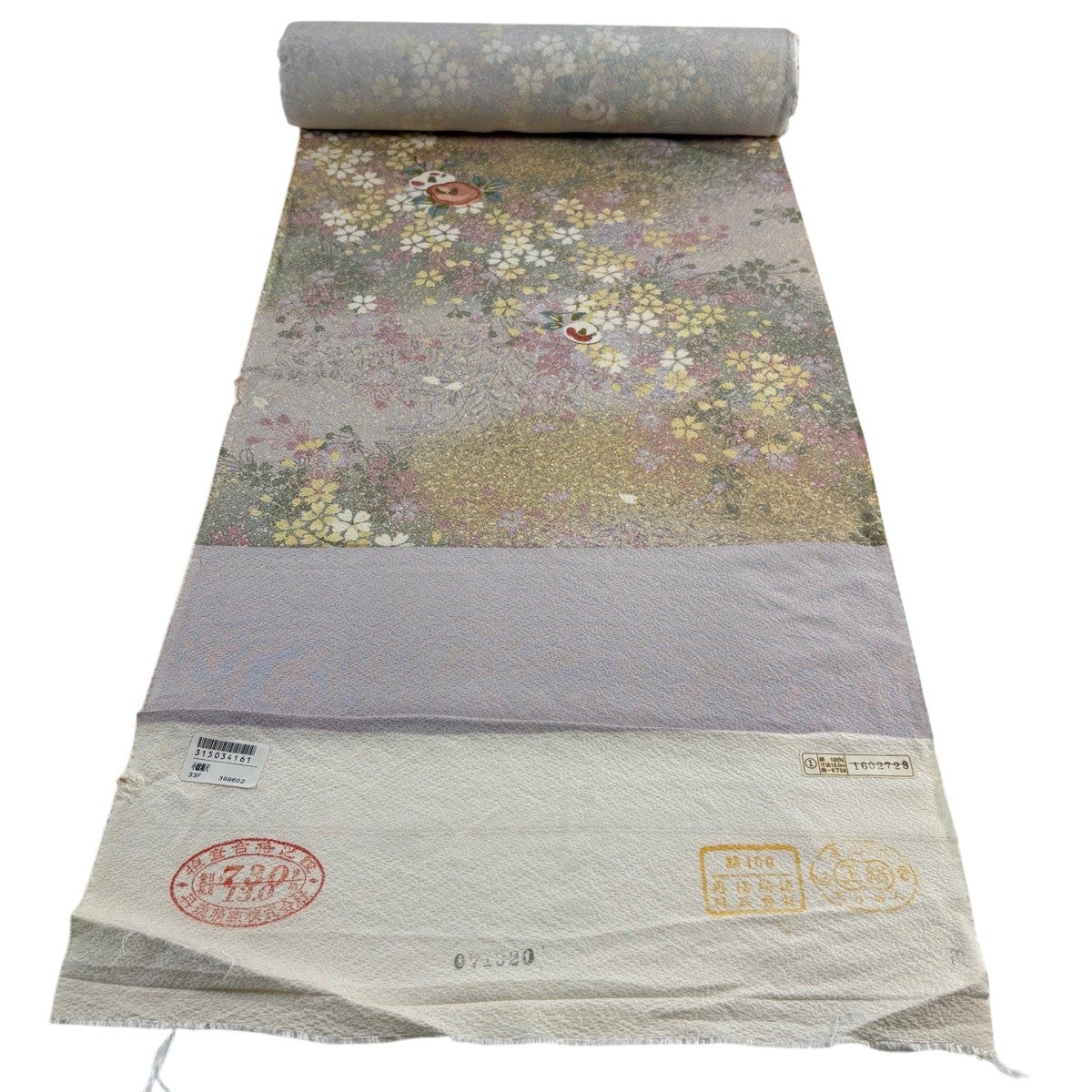 反物 秀品 小紋 椿 桜 金彩 灰紫 正絹｜中古・古着・リサイクル着物