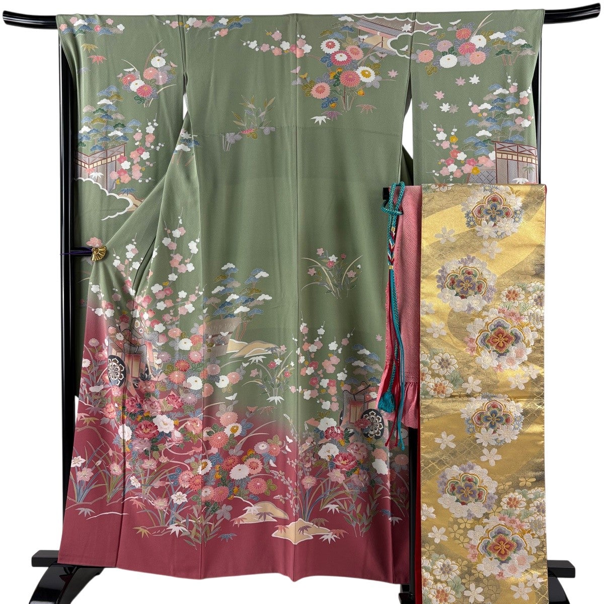 美品】 振袖 身丈165.5cm 裄丈66cm M 袷 袋帯フルセット 御所車 牡丹