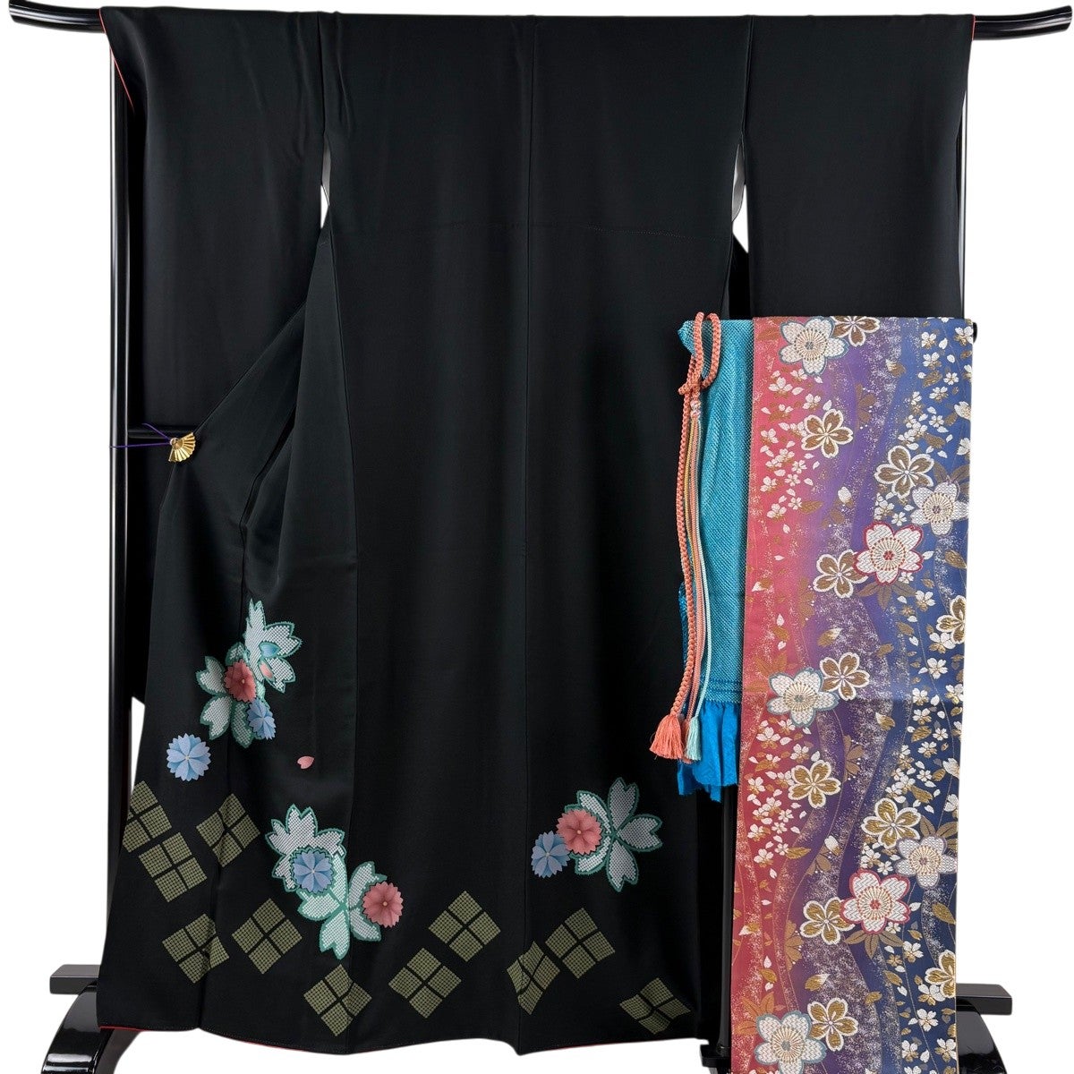美品】 振袖 身丈165cm 裄丈69cm L 袷 袋帯フルセット 桜 菱 金彩 黒