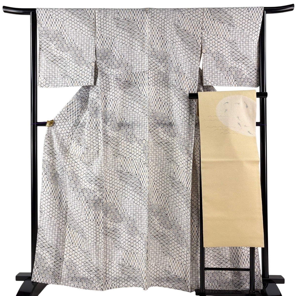 美品】 小紋 身丈161cm 裄丈65cm M 単衣 名古屋帯セット 有職文様 灰白