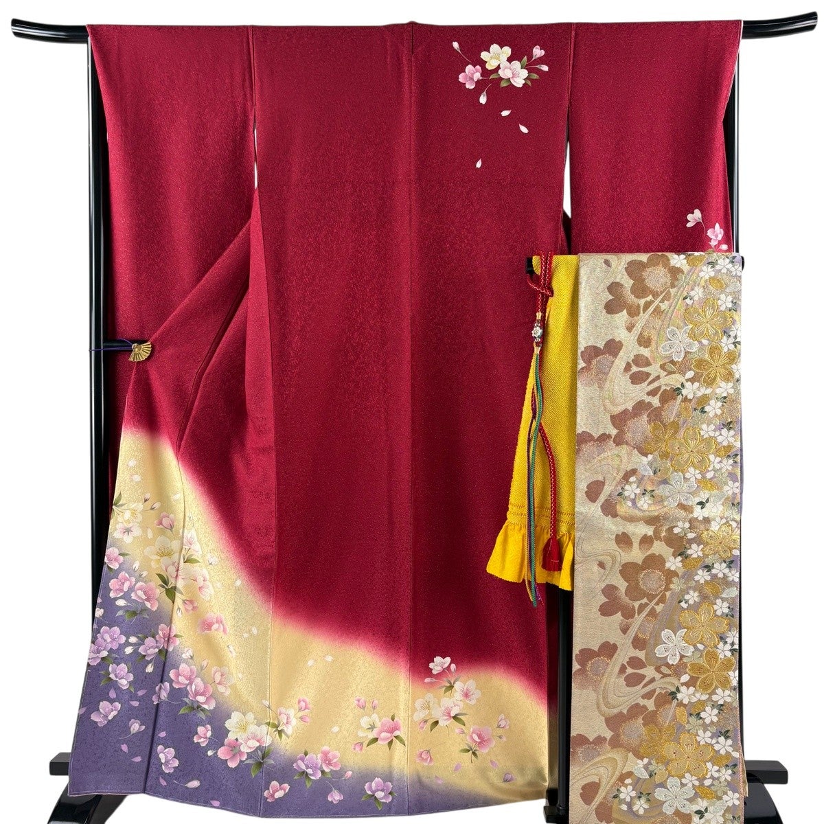 美品】 振袖 身丈166cm 裄丈67cm M 袷 袋帯フルセット 草花 銀通し