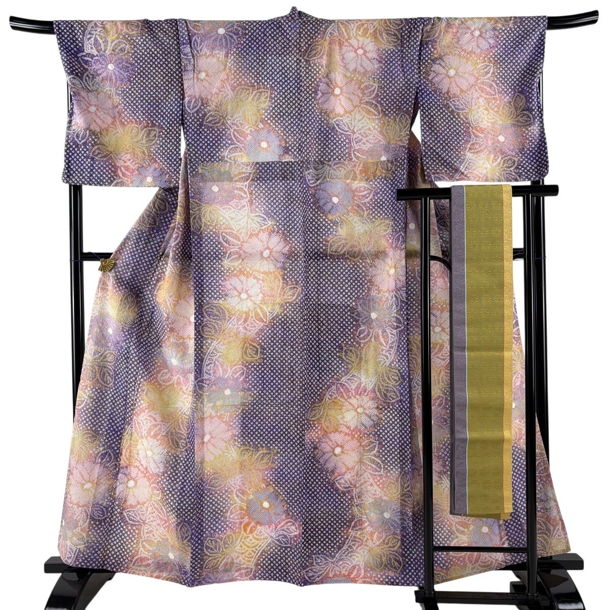 浴衣 身丈157cm 裄丈68cm L 半幅帯セット 絞り浴衣 菊 ぼかし 紫 綿