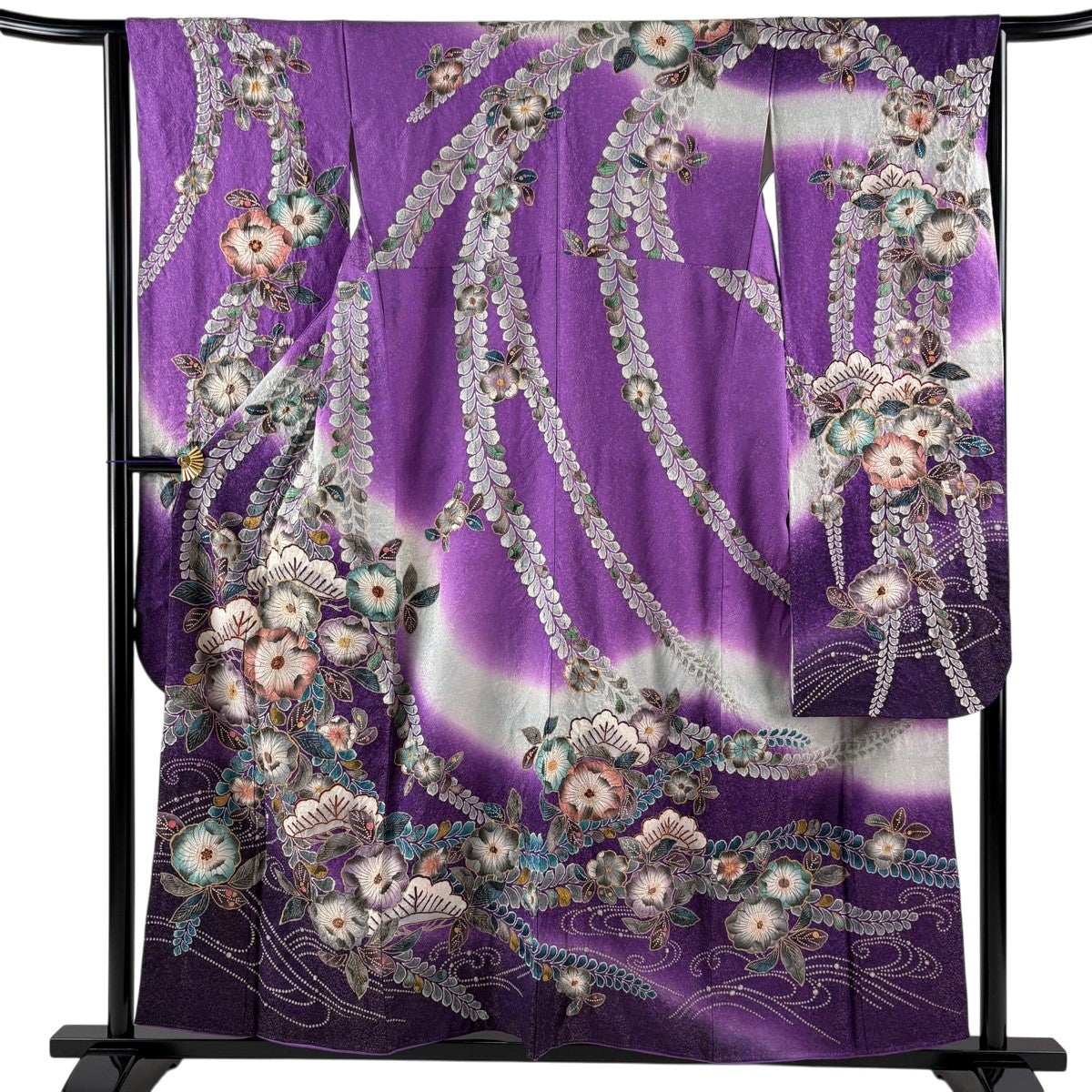 振袖 身丈157cm 裄丈63.5cm S 袷 草花 笠松 金彩 金通し 紫 正絹 逸品