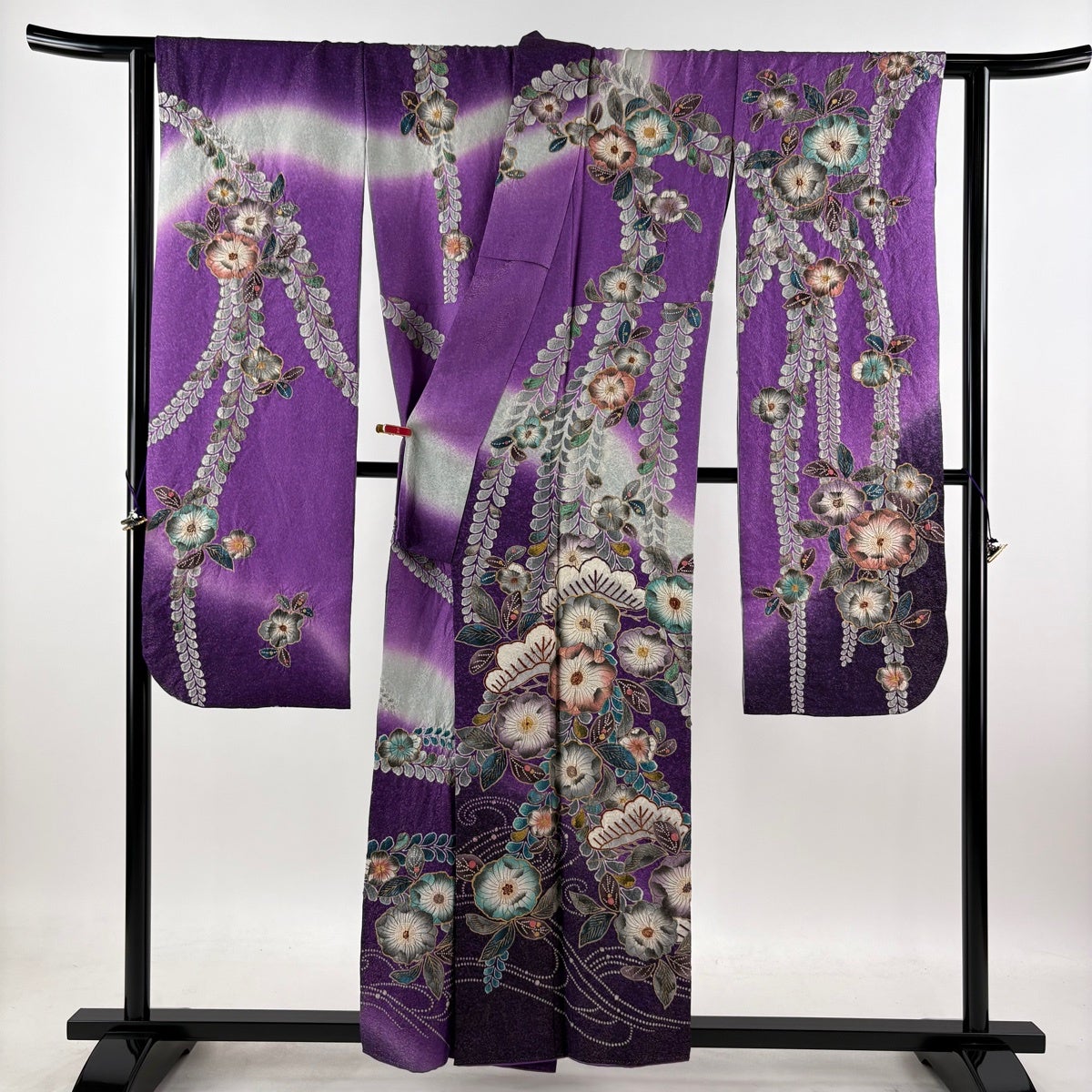 振袖 身丈157cm 裄丈63.5cm S 袷 草花 笠松 金彩 金通し 紫 正絹 逸品