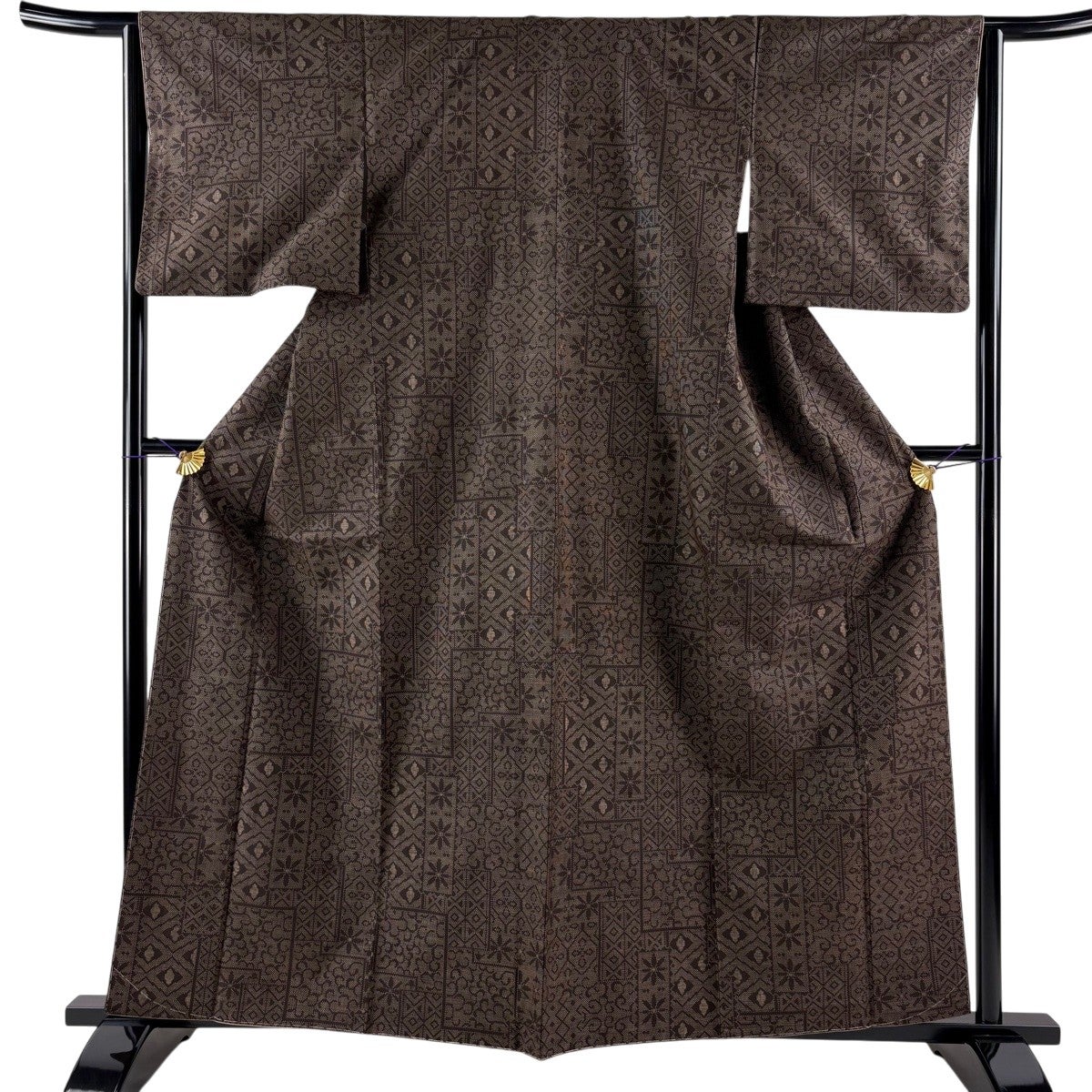 美品】 紬 身丈160.5cm 裄丈64cm M 袷 銀座もとじ 花 唐草 焦茶色 正絹