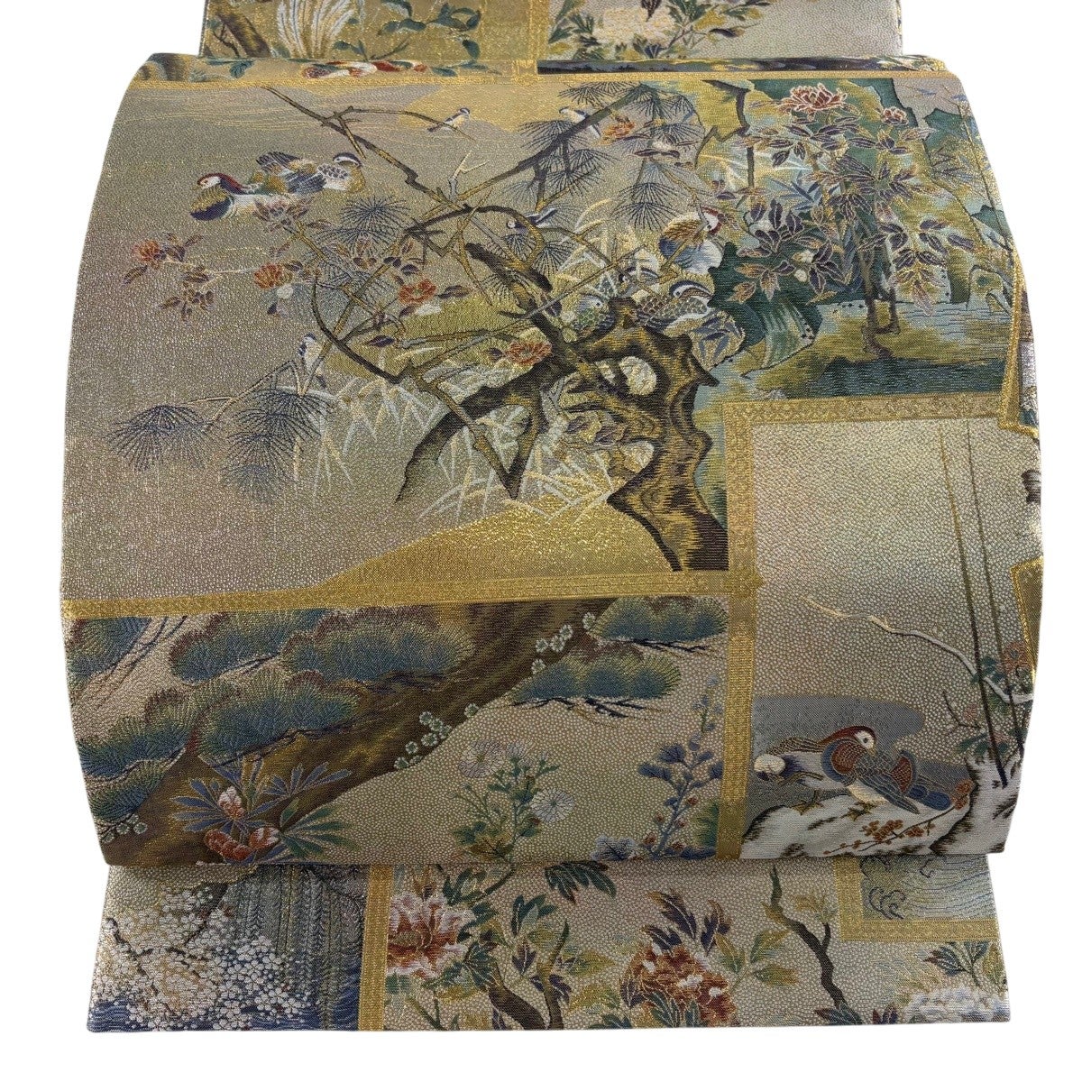 美品】 丸帯 逸品 日本屏風絵大観 扇 花鳥 金糸 箔 金色 お太鼓柄 正絹