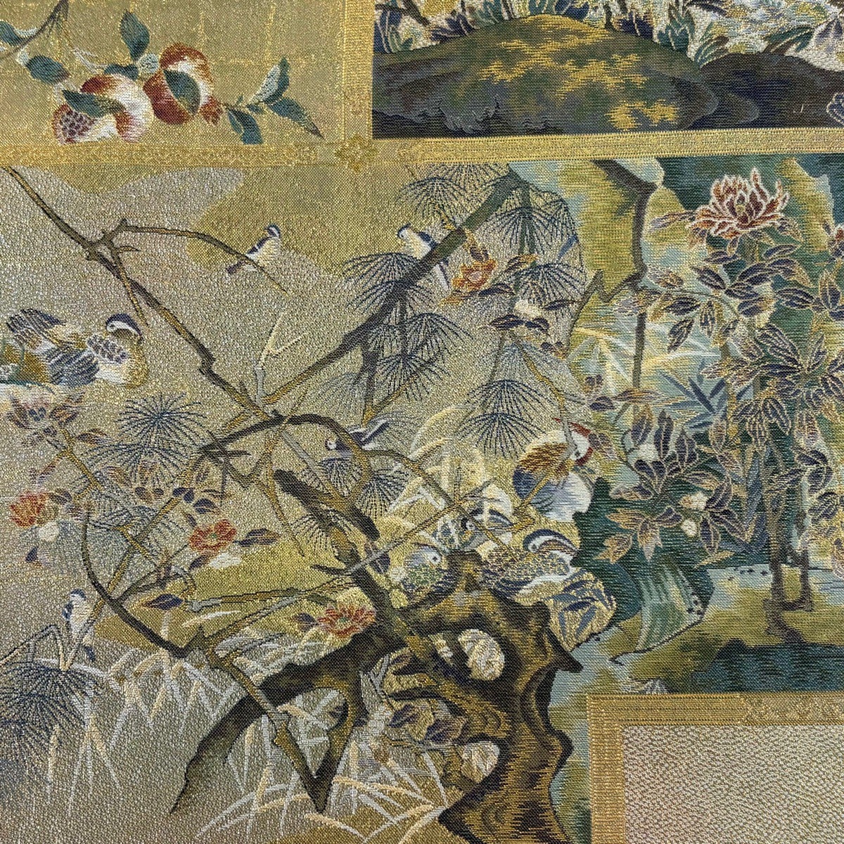 美品】 丸帯 逸品 日本屏風絵大観 扇 花鳥 金糸 箔 金色 お太鼓柄 正絹